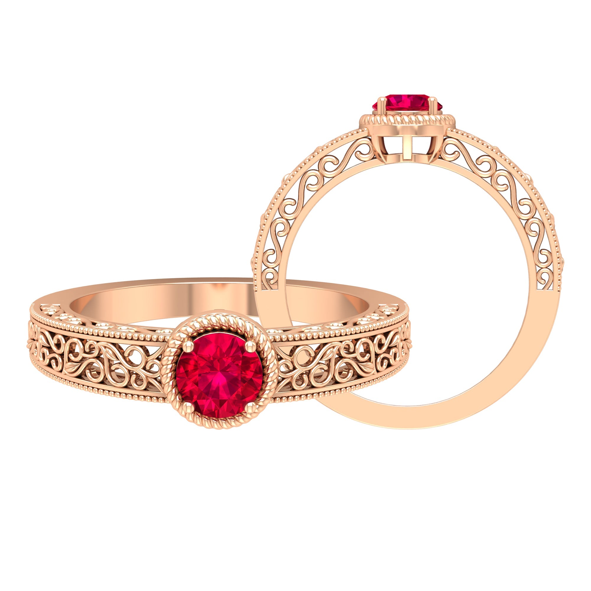 Ruby Solitaire Engagement Ring – Vintage Round Cut Ruby With Filigree Design