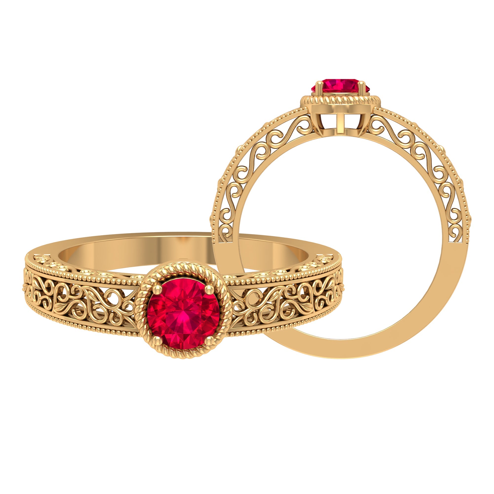 Ruby Solitaire Engagement Ring – Vintage Round Cut Ruby With Filigree Design