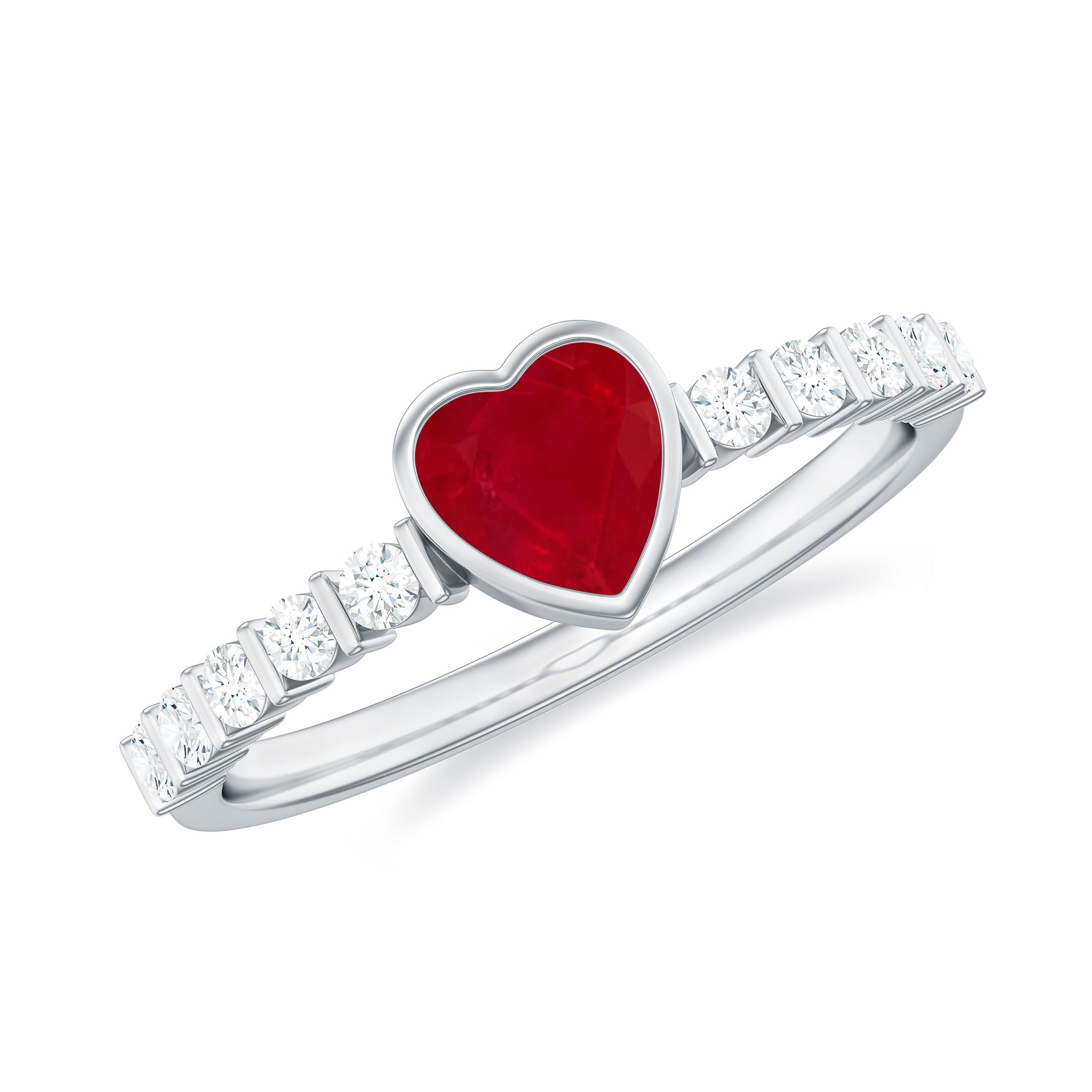 Ruby Heart Promise Ring – Red Ruby With Diamond Side Stones In Bezel Setting
