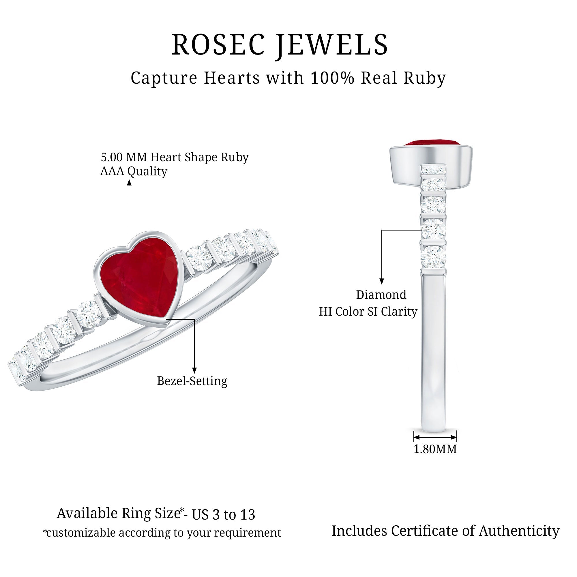 Ruby Heart Promise Ring – Red Ruby With Diamond Side Stones In Bezel Setting
