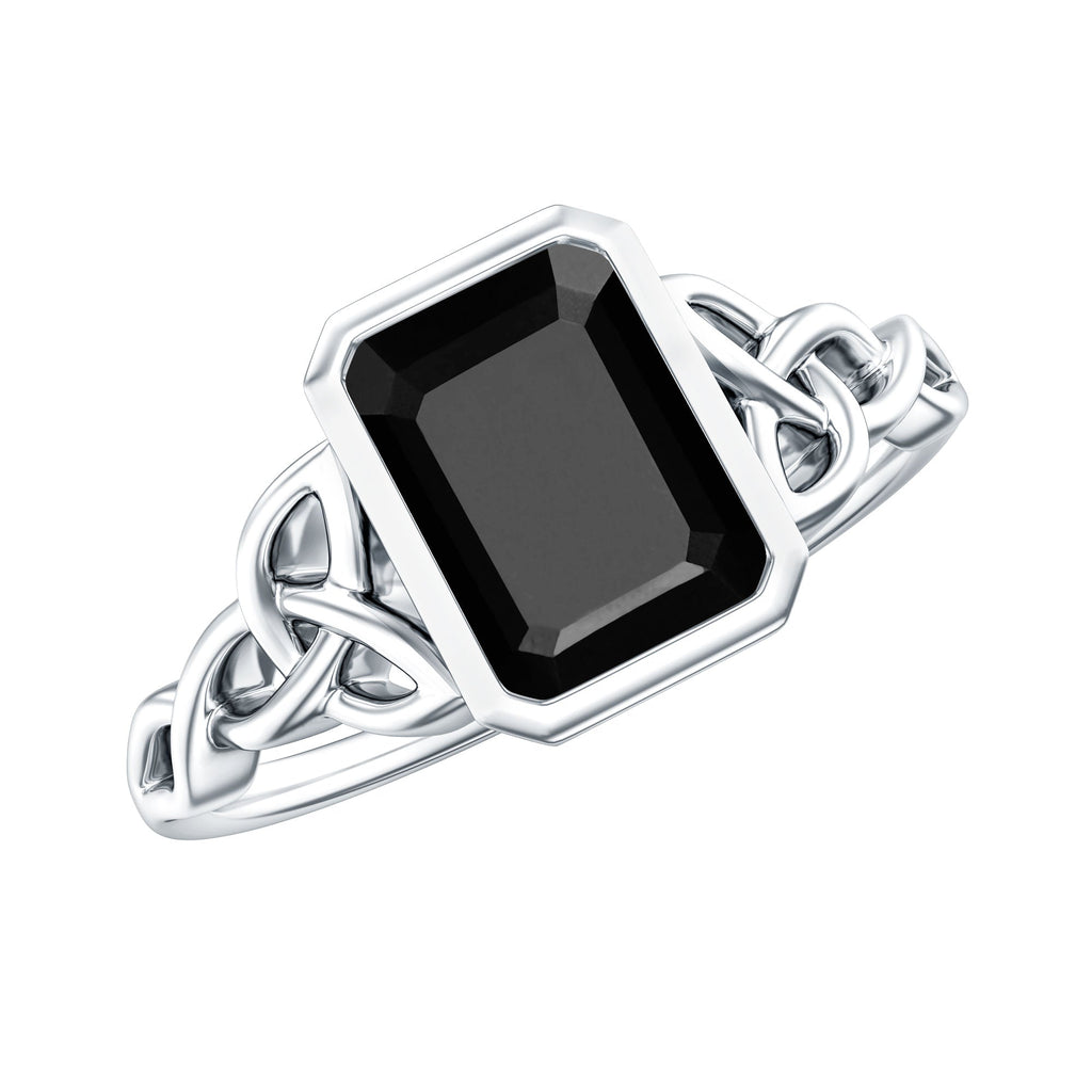 Emerald Cut Black Onyx Bezel Set Engagement Ring with Surprise Diamond
