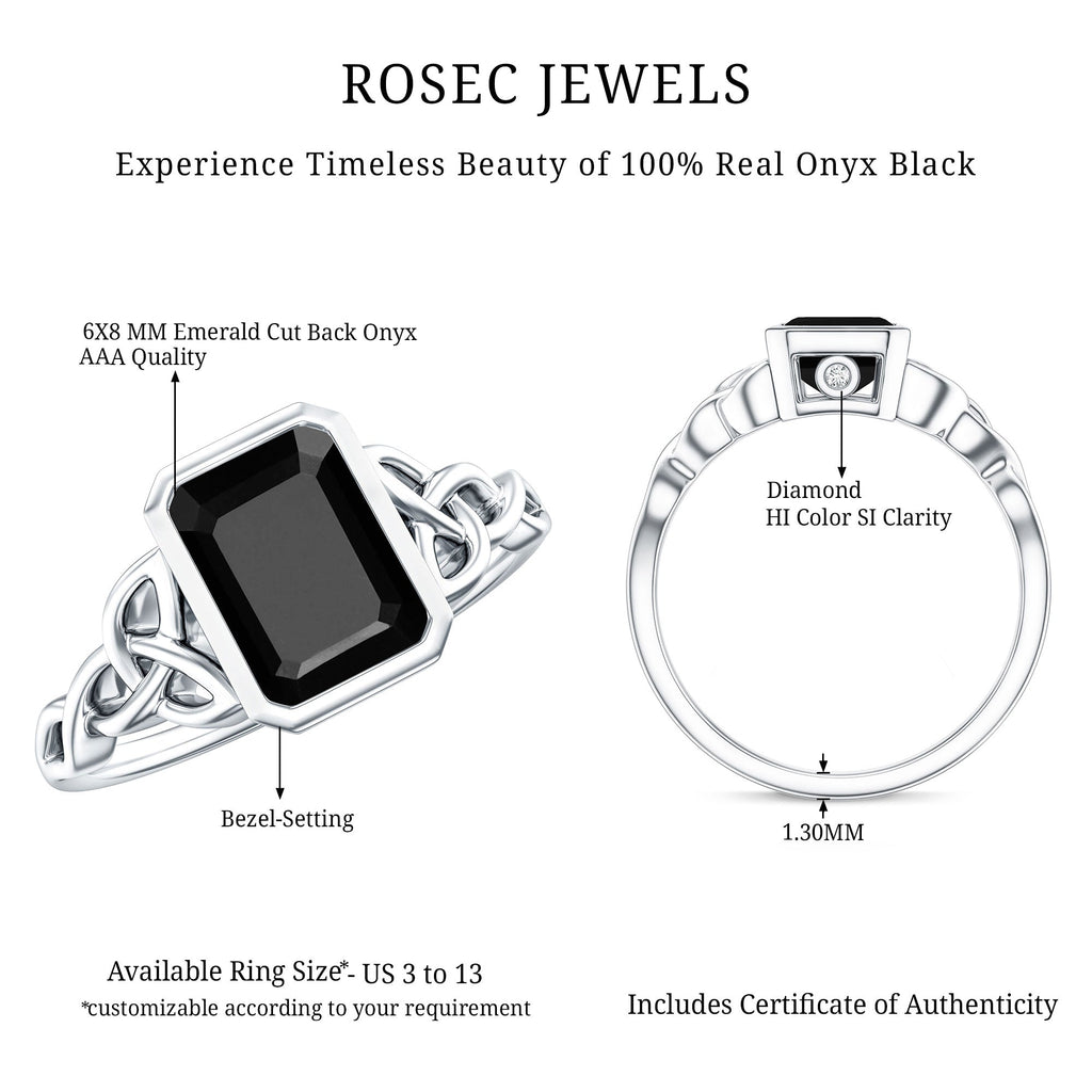Emerald Cut Black Onyx Bezel Set Engagement Ring with Surprise Diamond