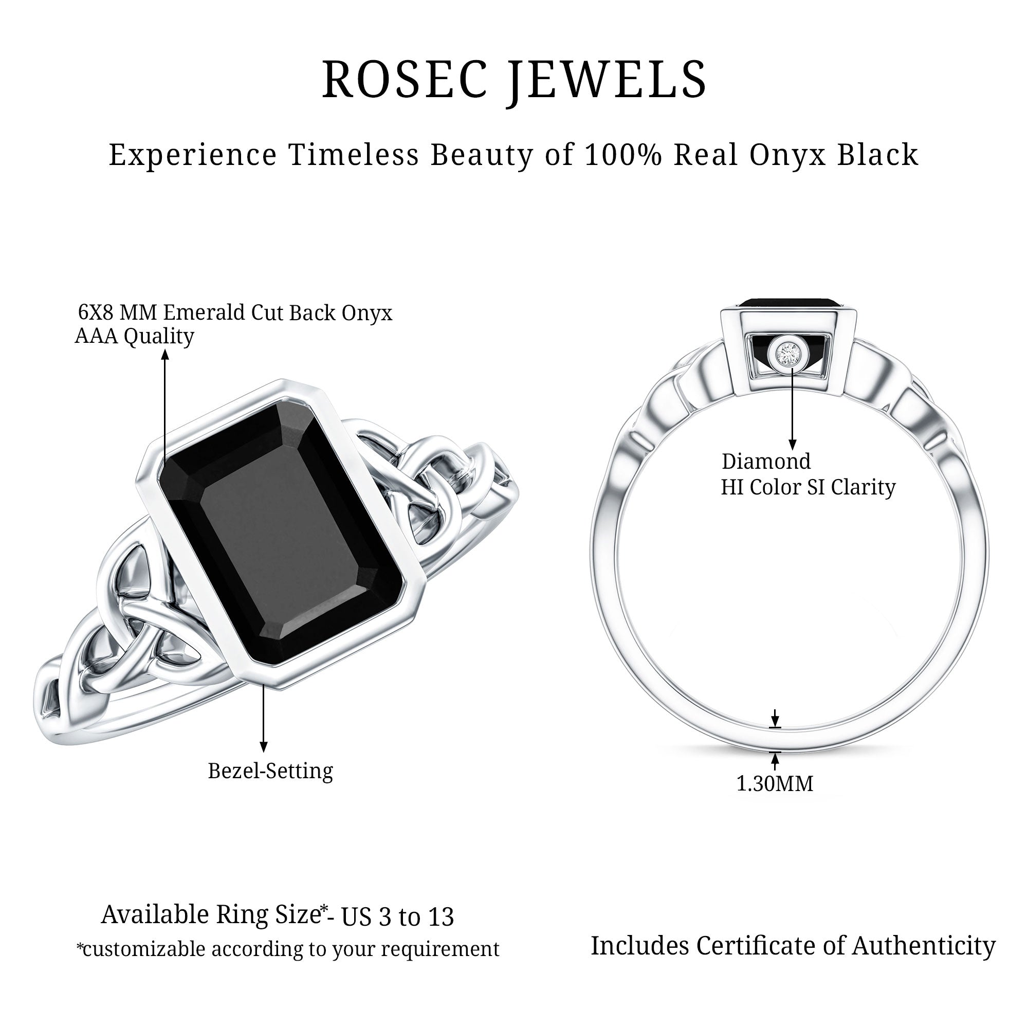Emerald Cut Black Onyx Bezel Set Engagement Ring with Surprise Diamond