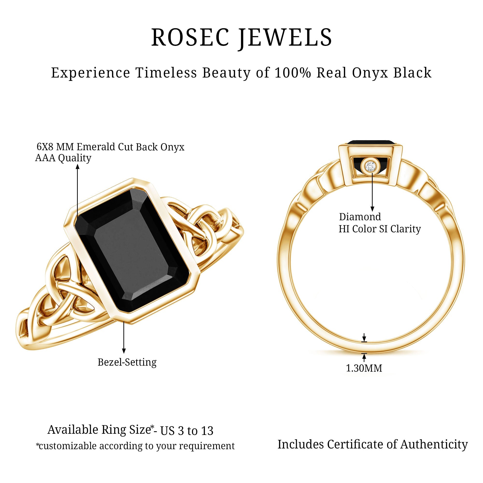 Emerald Cut Black Onyx Bezel Set Engagement Ring with Surprise Diamond