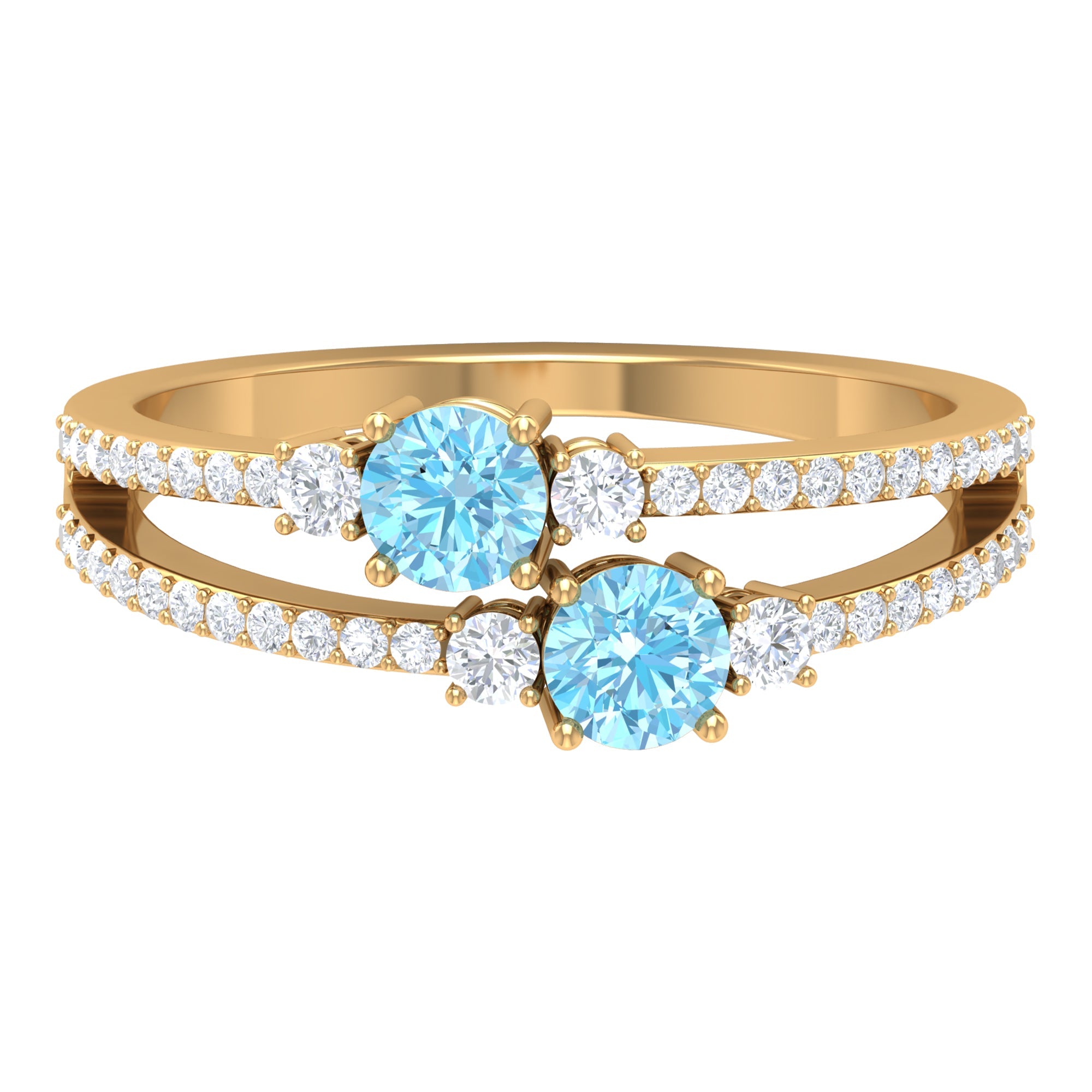 Aquamarine Promise Ring – Two Stone Split Shank Ring with Diamond Side Stones