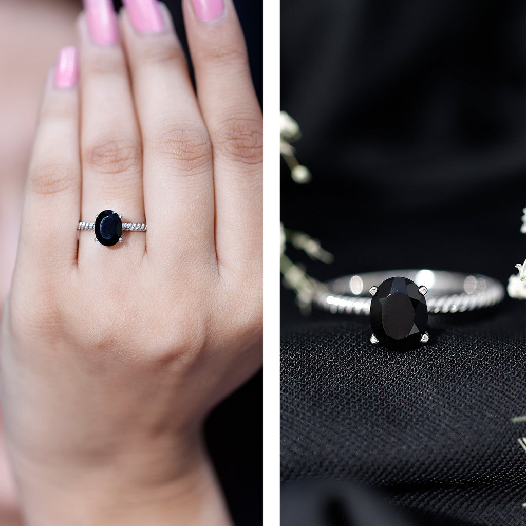 1.7 Carat Oval Cut Black Onyx Solitaire Engagement Ring with Diamond