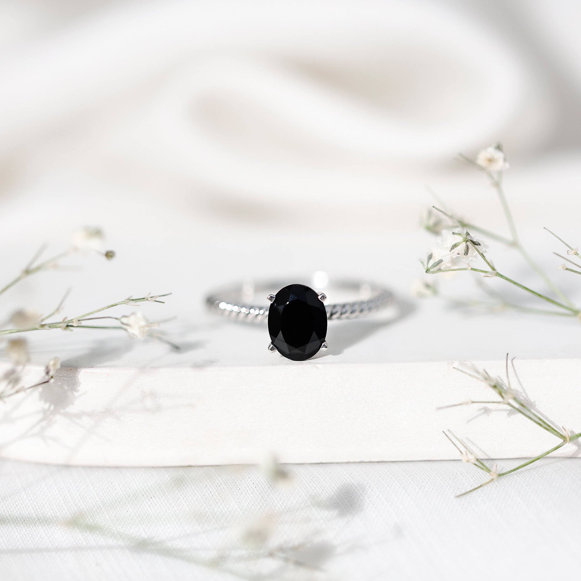 1.7 Carat Oval Cut Black Onyx Solitaire Engagement Ring with Diamond