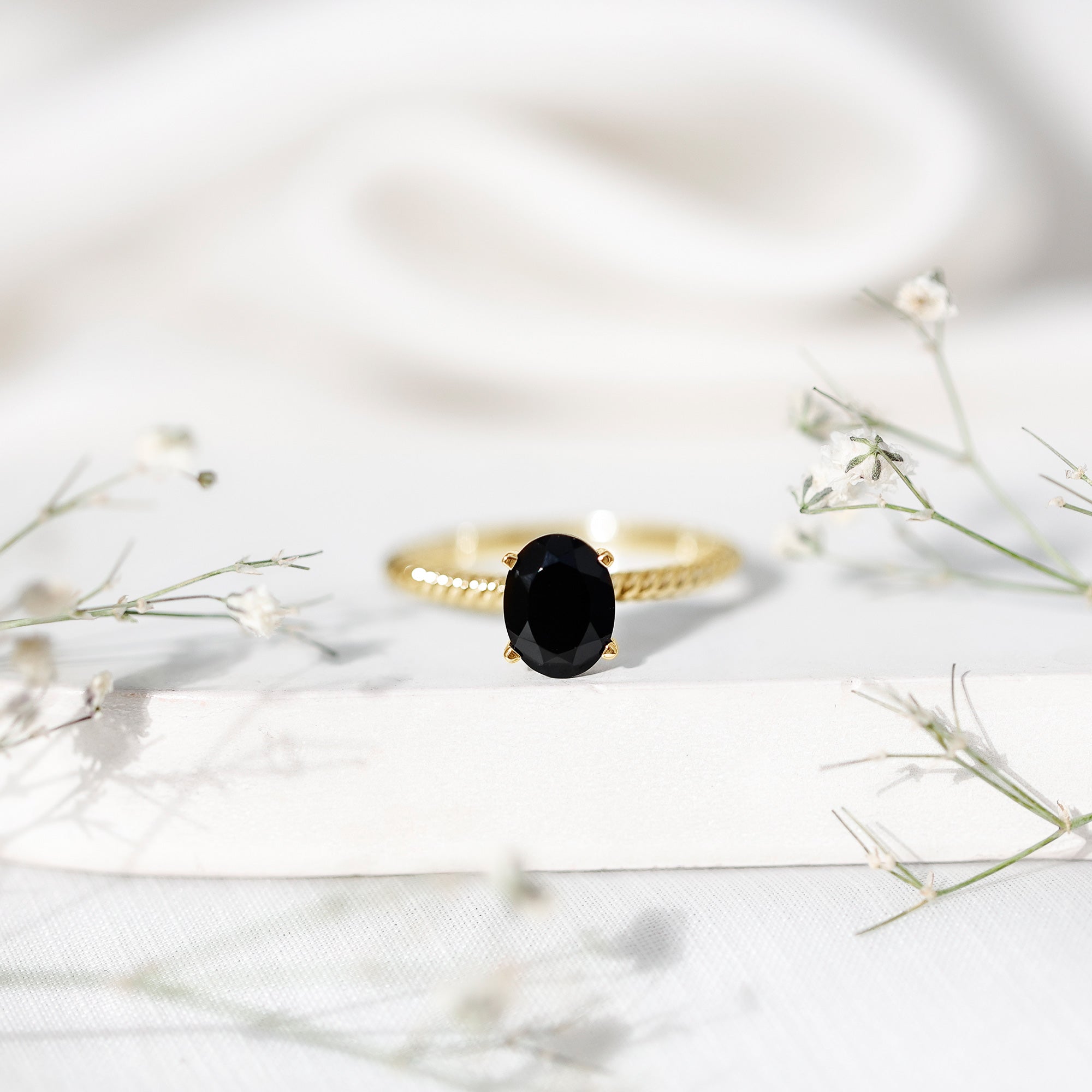 1.7 Carat Oval Cut Black Onyx Solitaire Engagement Ring with Diamond