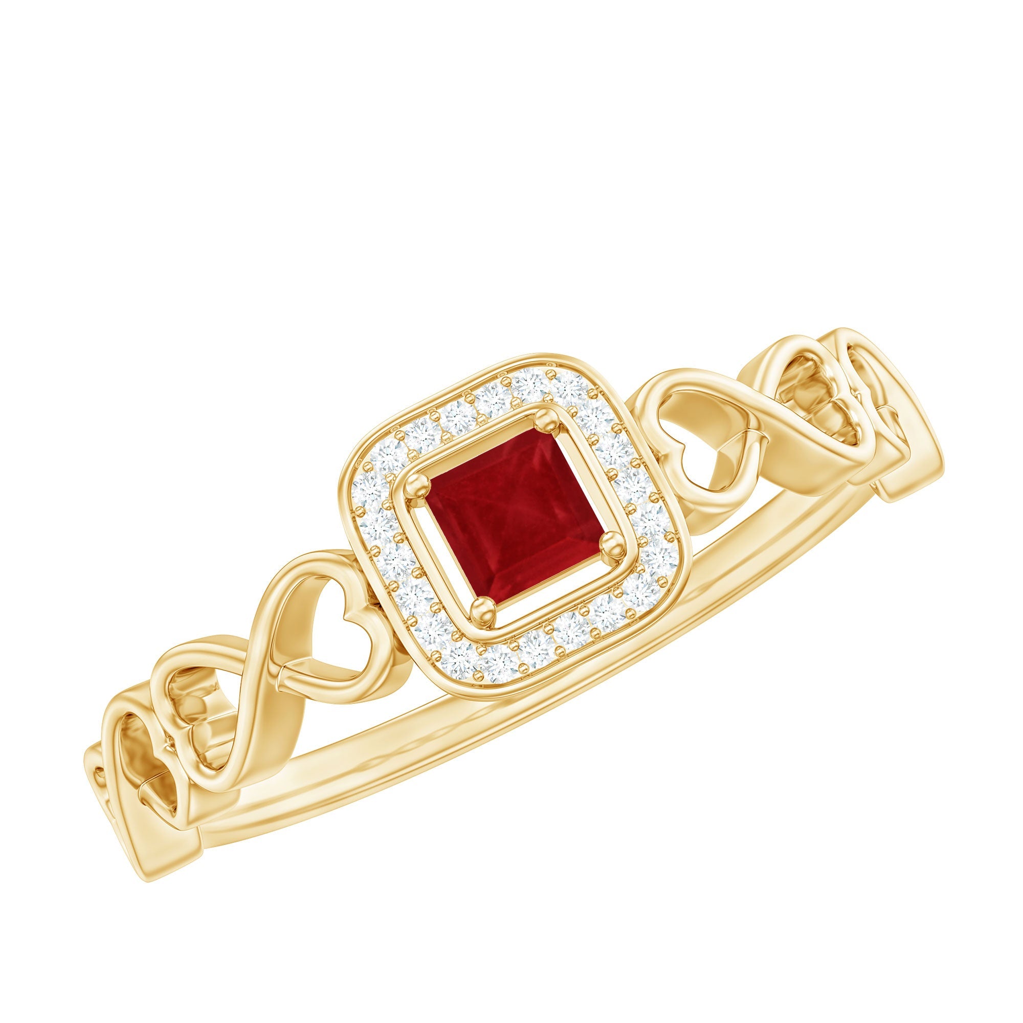 Ruby Promise Ring With Princess Cut Ruby - Diamond Halo Ring & Infinity Heart Shank