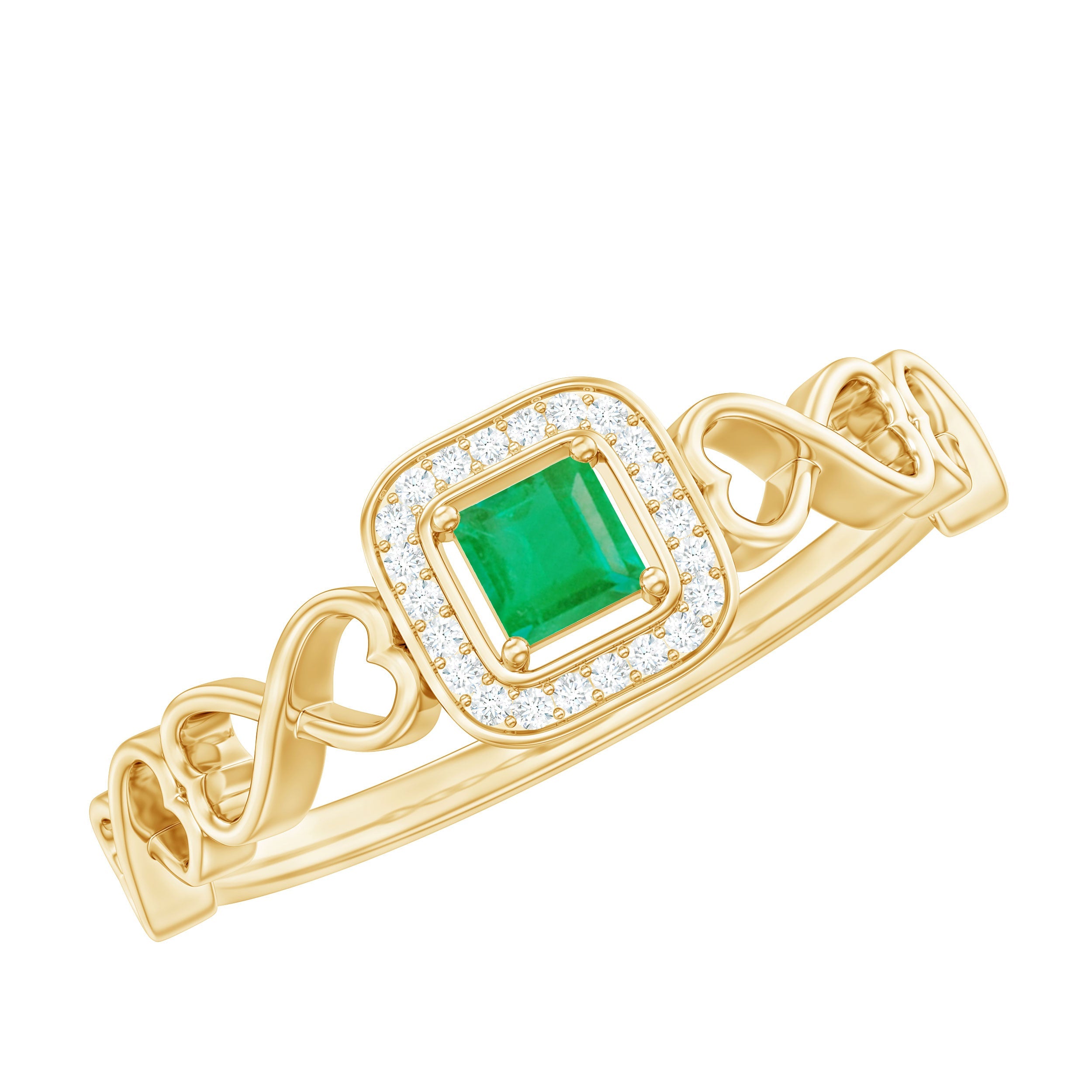 Emerald Promise Ring – Princess Cut Ring with Diamond Halo & Infinity Heart Shank