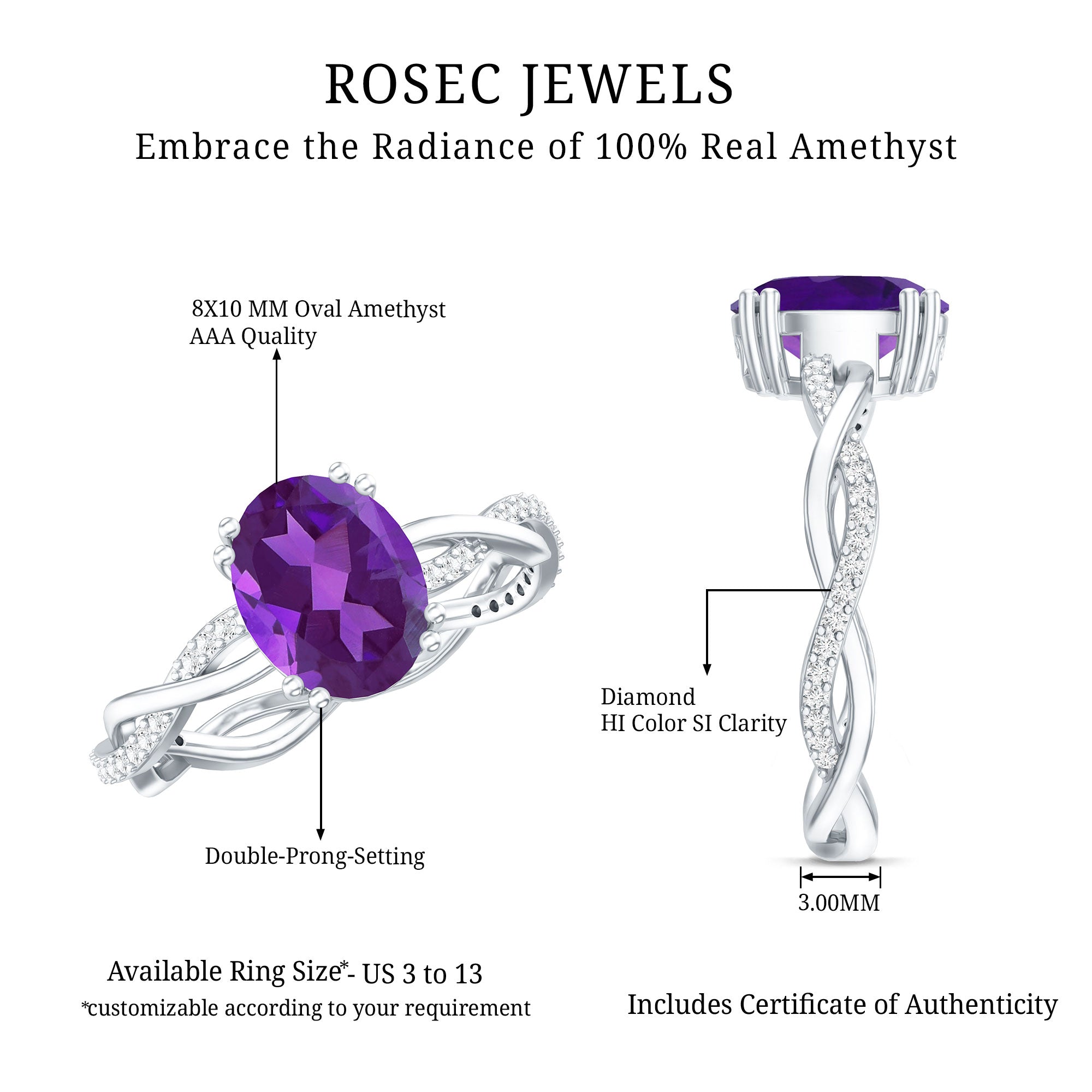 2.5 Carat Amethyst Oval Engagement Ring with Diamond Braided Shank