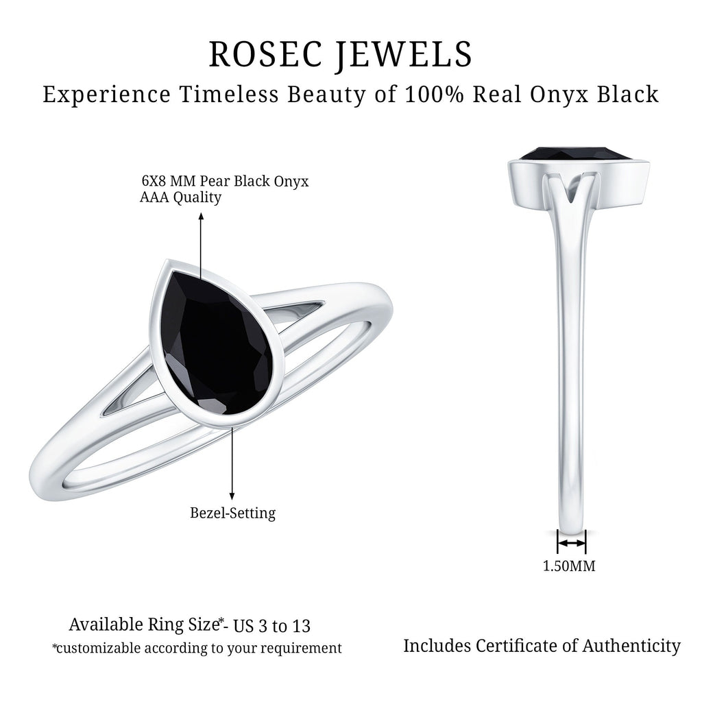 Bezel Set Black Onyx Pear Engagement Ring in Split Shank