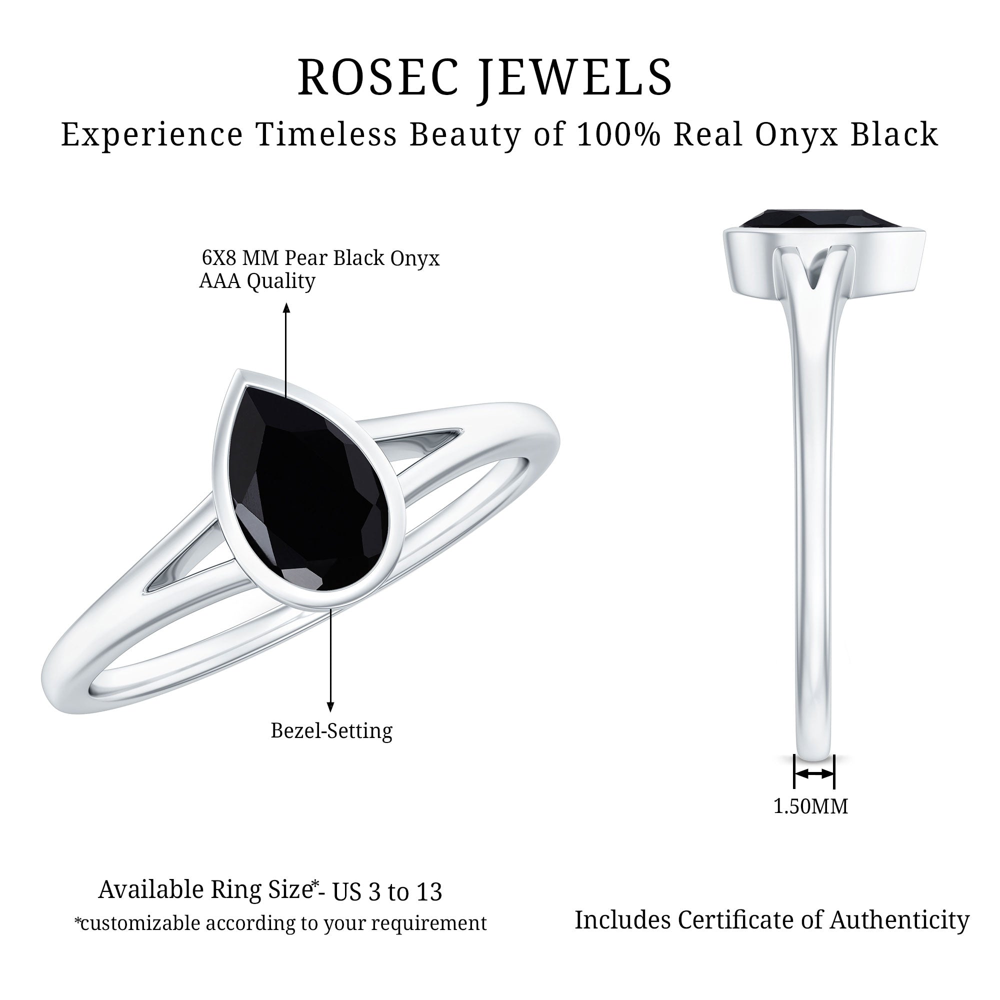 Bezel Set Black Onyx Pear Engagement Ring in Split Shank
