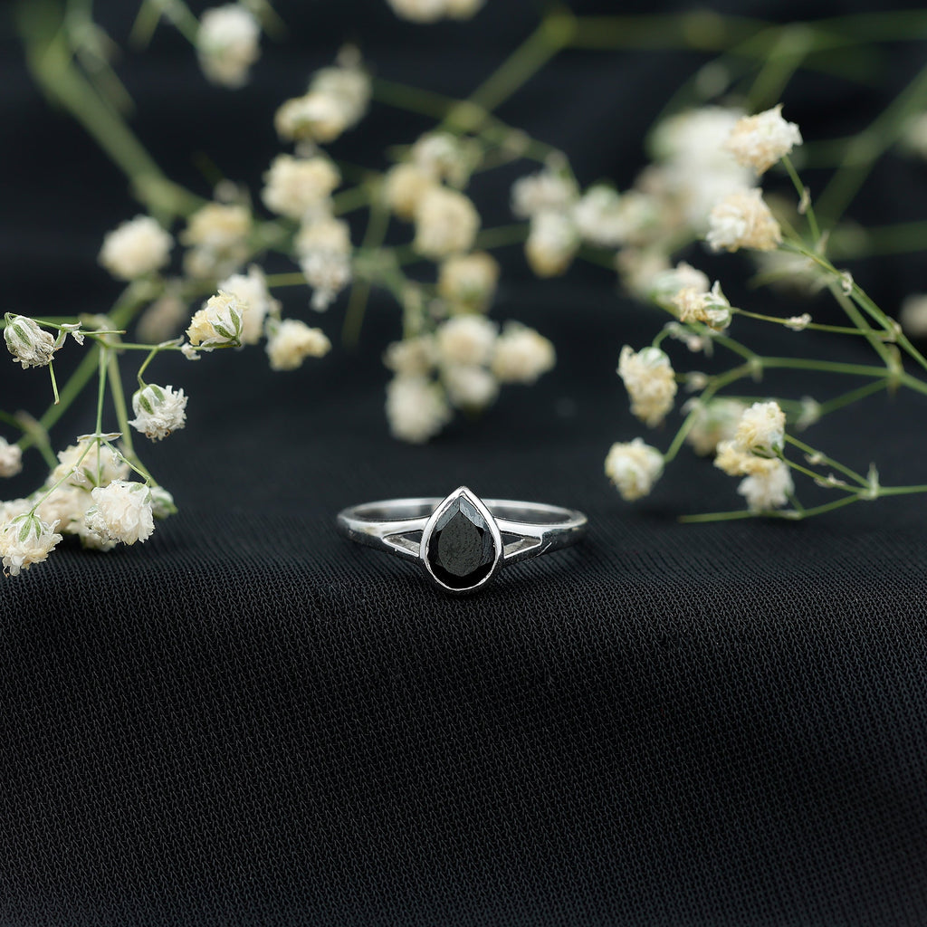 Bezel Set Black Onyx Pear Engagement Ring in Split Shank