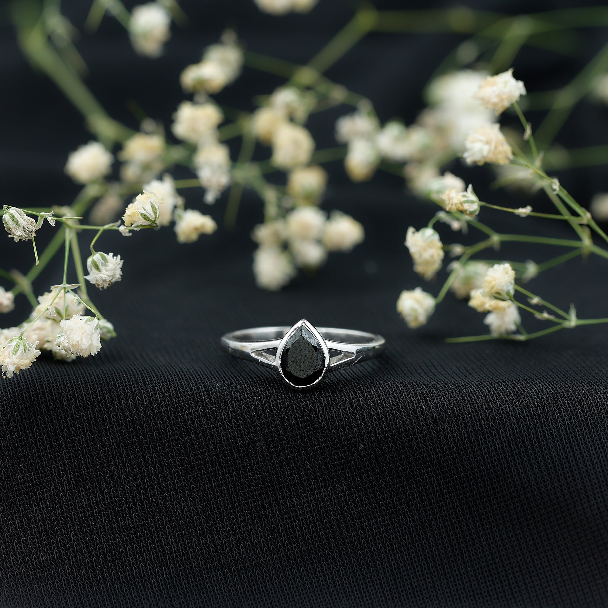 Bezel Set Black Onyx Pear Engagement Ring in Split Shank
