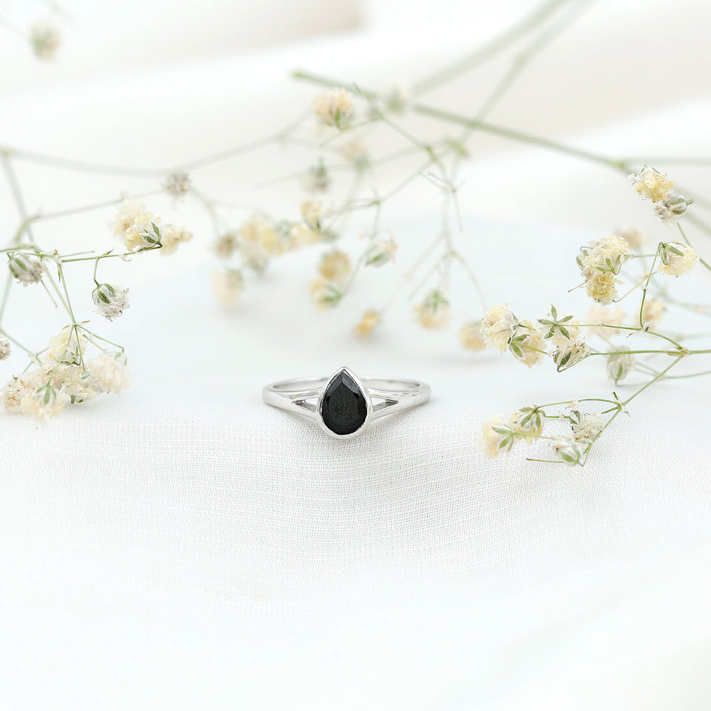 Bezel Set Black Onyx Pear Engagement Ring in Split Shank