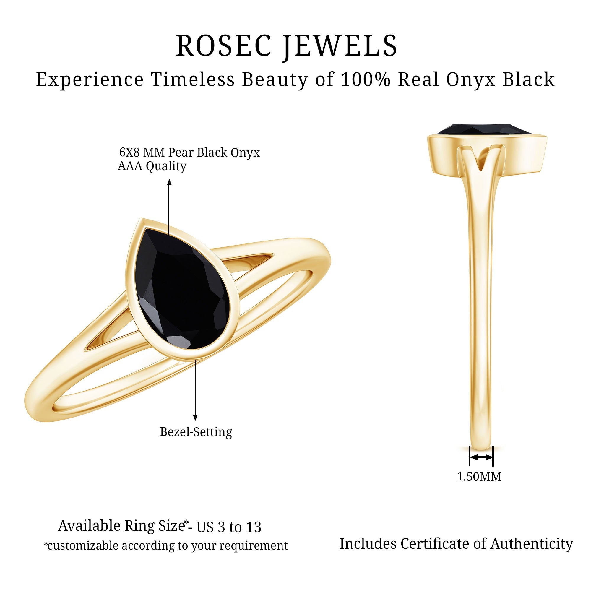 Bezel Set Black Onyx Pear Engagement Ring in Split Shank