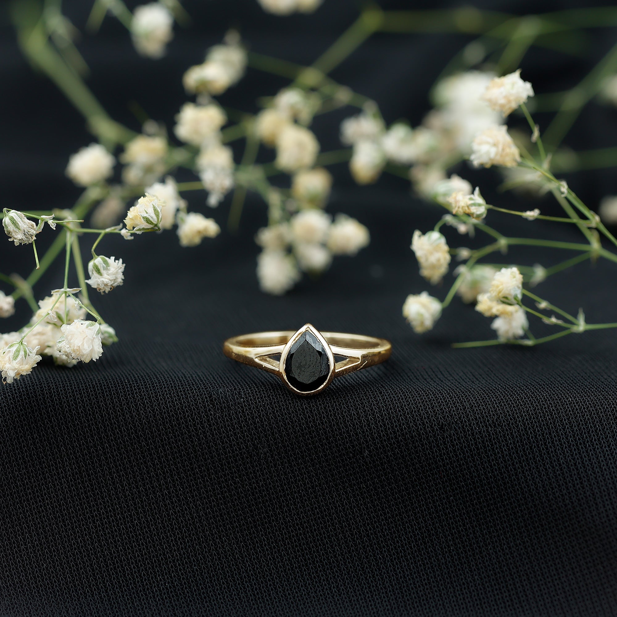 Bezel Set Black Onyx Pear Engagement Ring in Split Shank