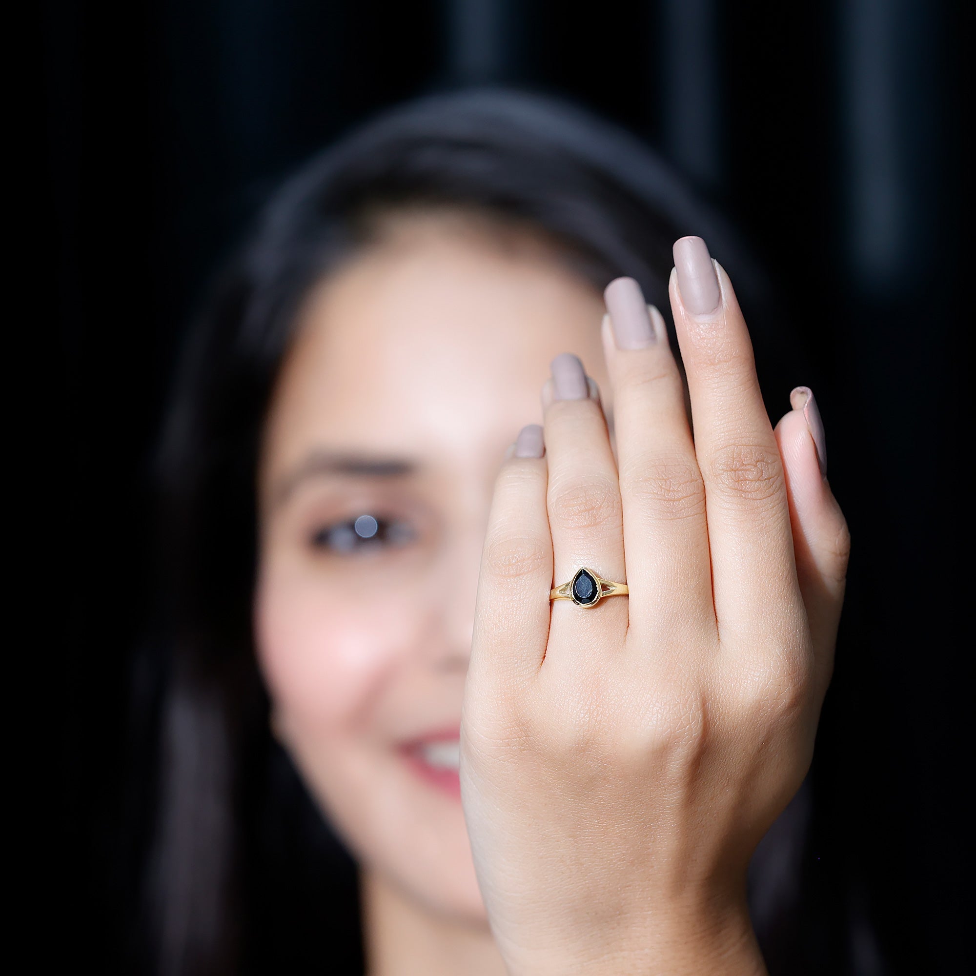 Bezel Set Black Onyx Pear Engagement Ring in Split Shank