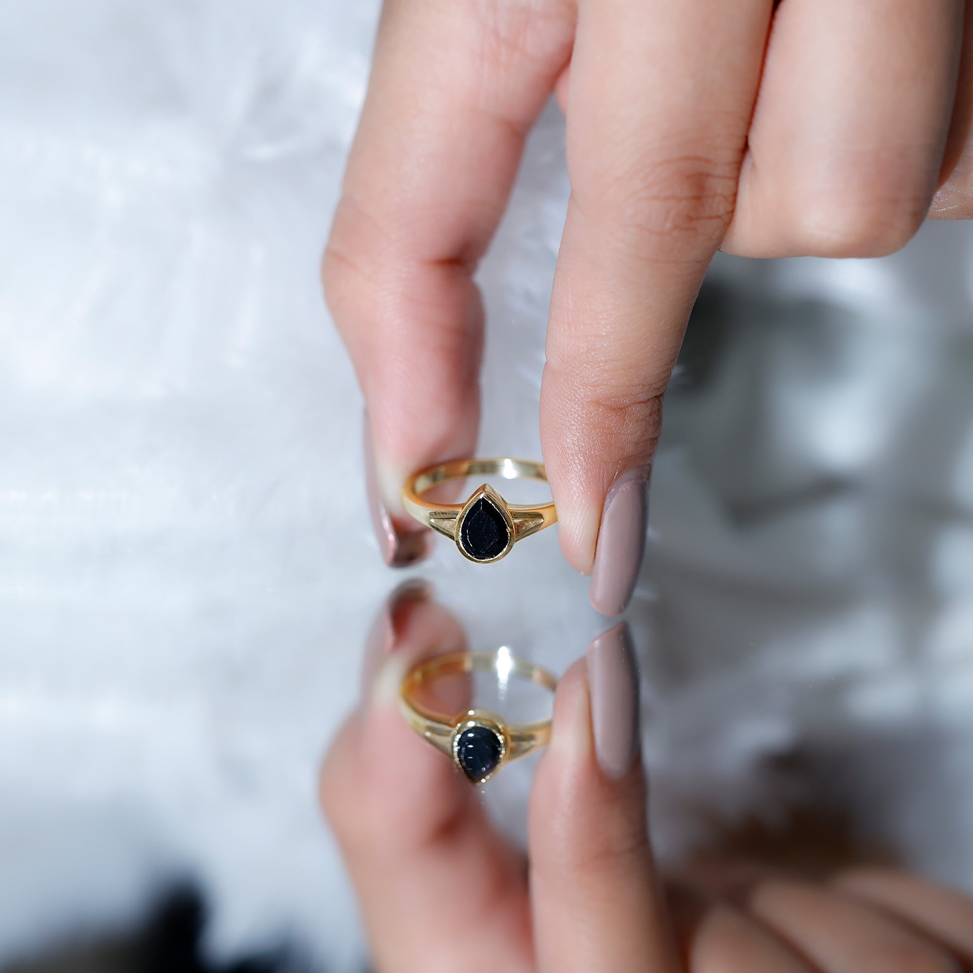 Bezel Set Black Onyx Pear Engagement Ring in Split Shank