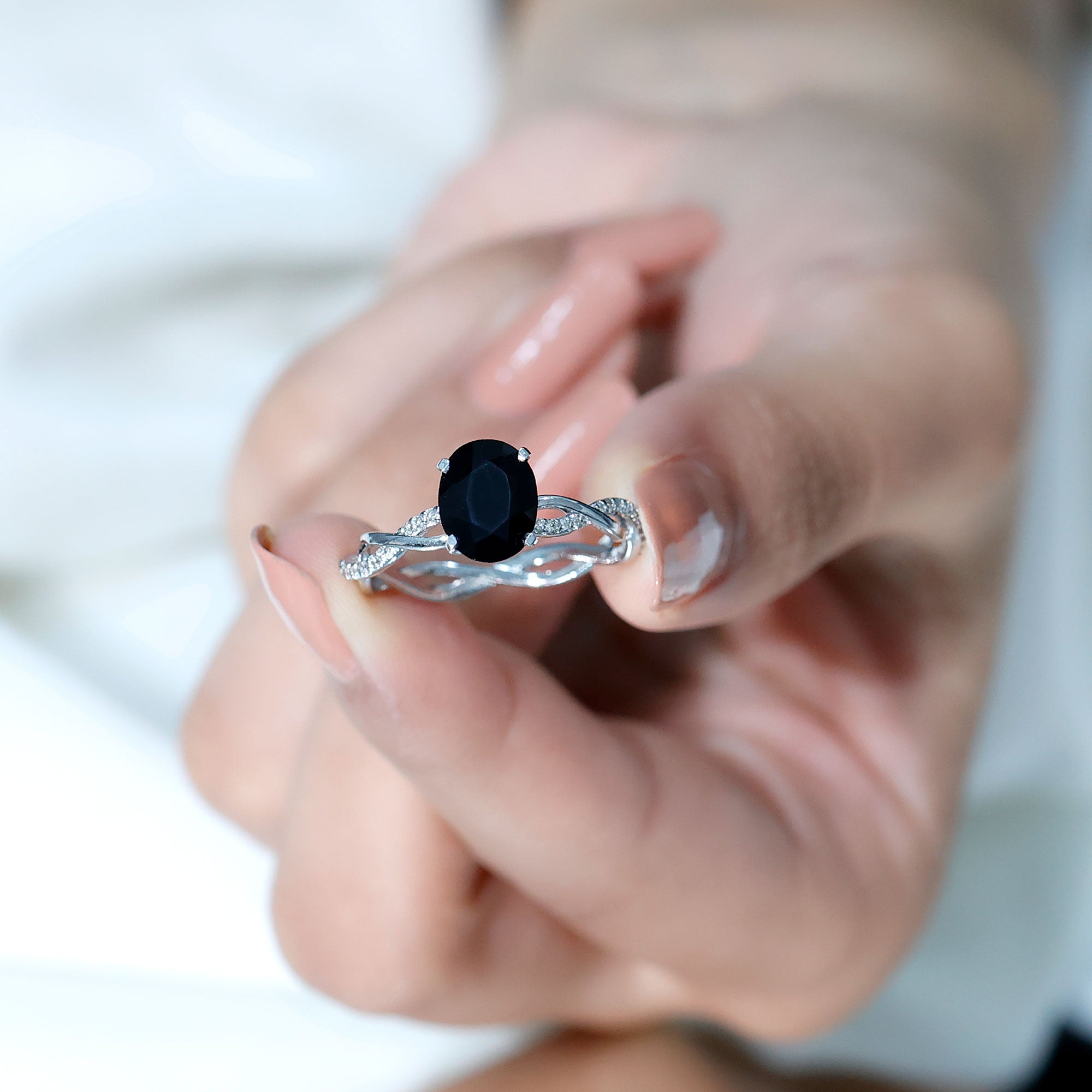 Oval Shaped 1.7 Carat Black Onyx and Diamond Braided Engagement Ring