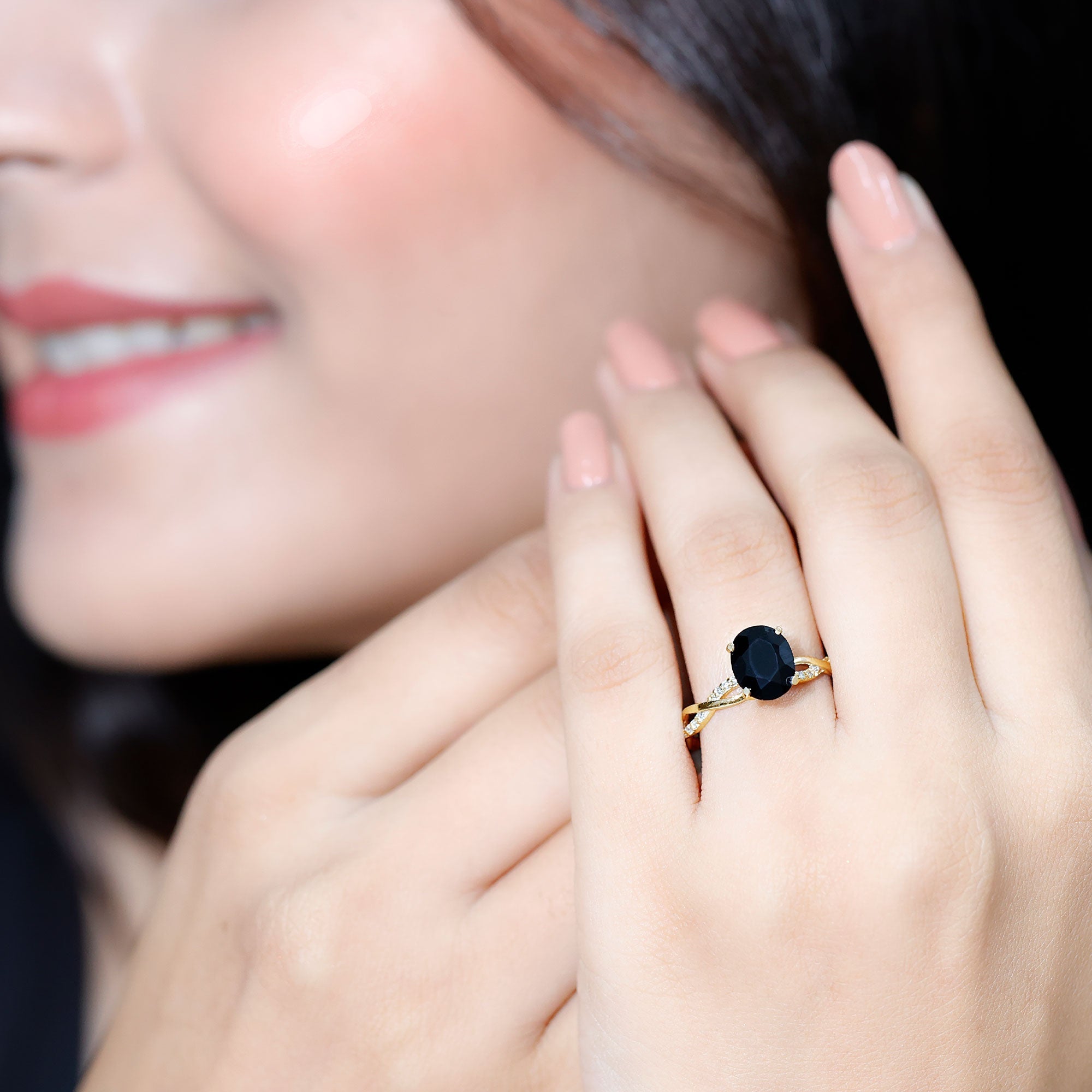 Oval Shaped 1.7 Carat Black Onyx and Diamond Braided Engagement Ring