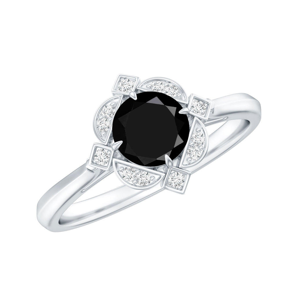 Vintage Style Black Spinel Engagement Ring with Diamond