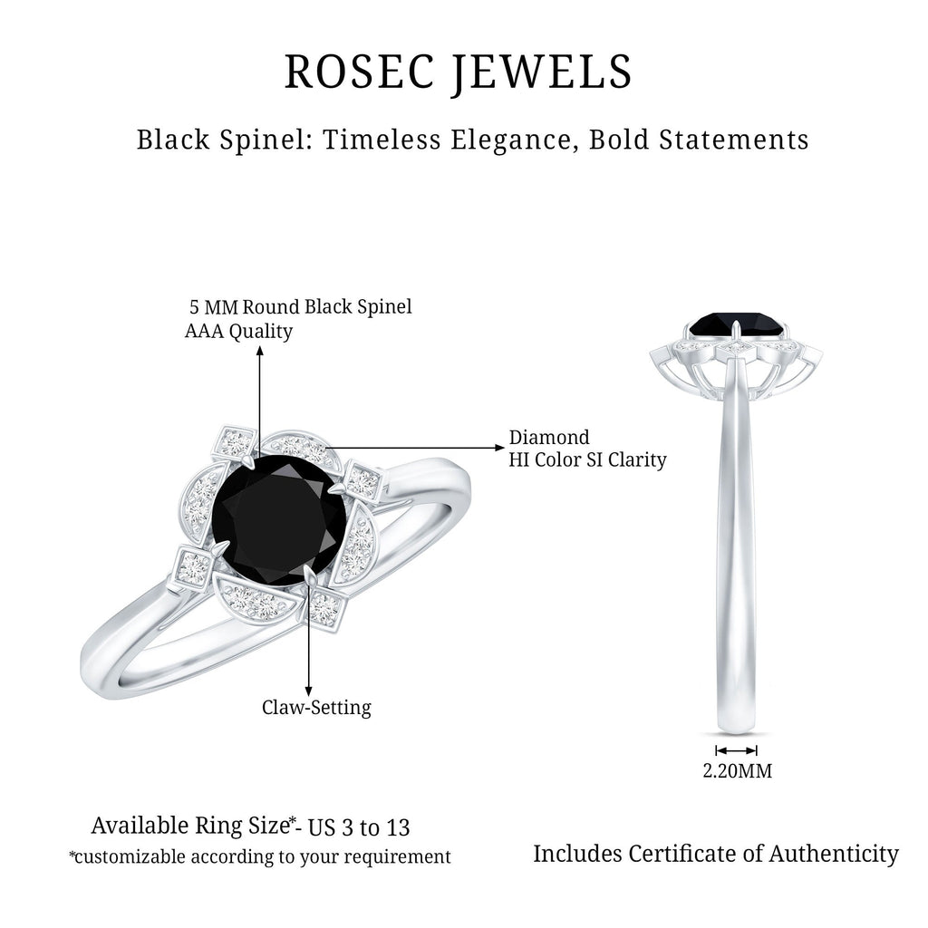 Vintage Style Black Spinel Engagement Ring with Diamond