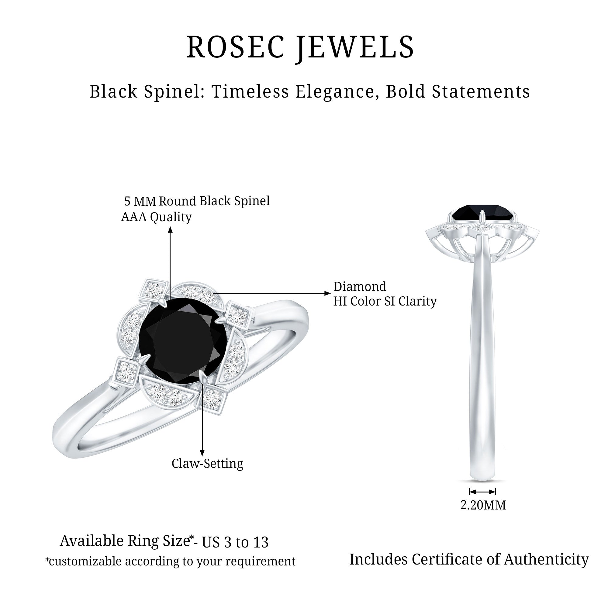 Vintage Style Black Spinel Engagement Ring with Diamond