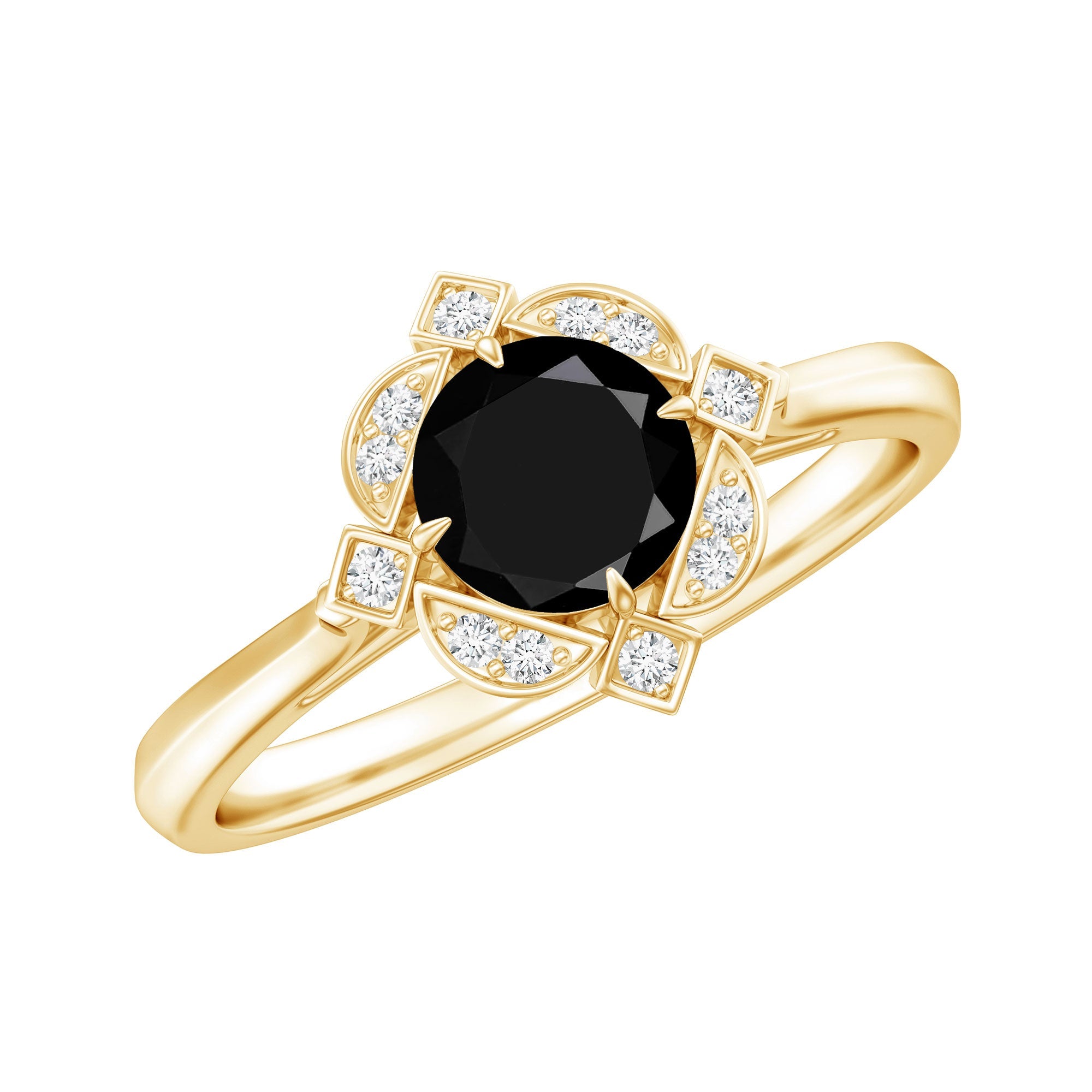 Vintage Style Black Spinel Engagement Ring with Diamond