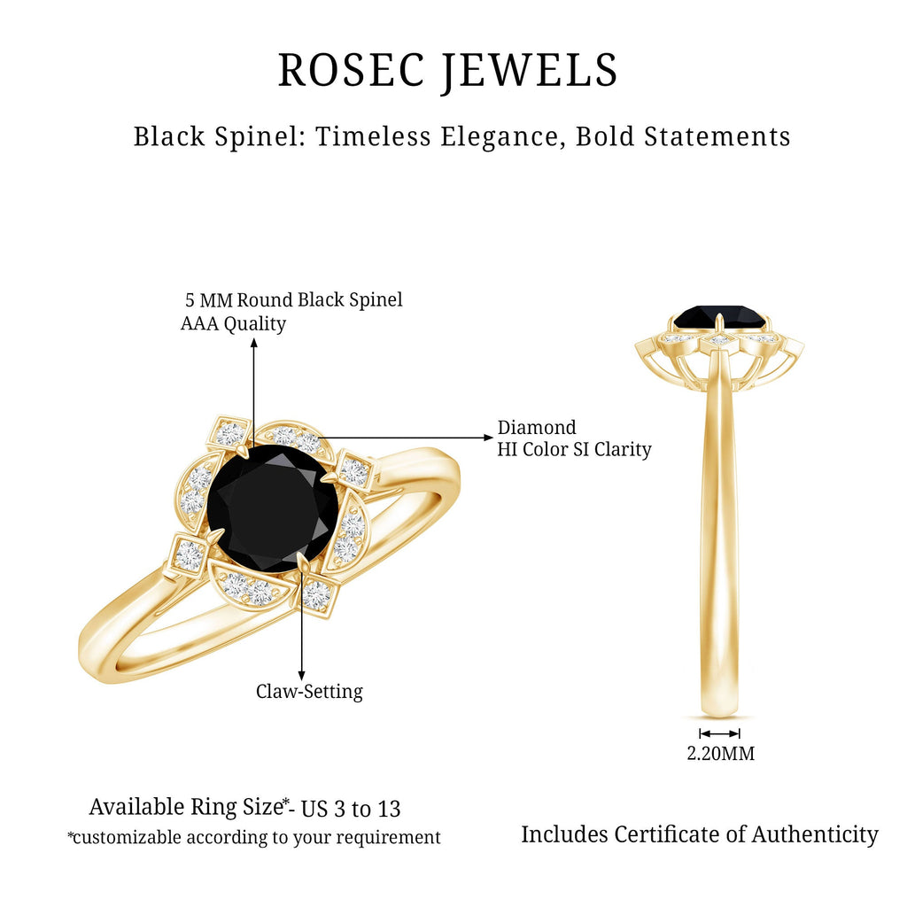 Vintage Style Black Spinel Engagement Ring with Diamond