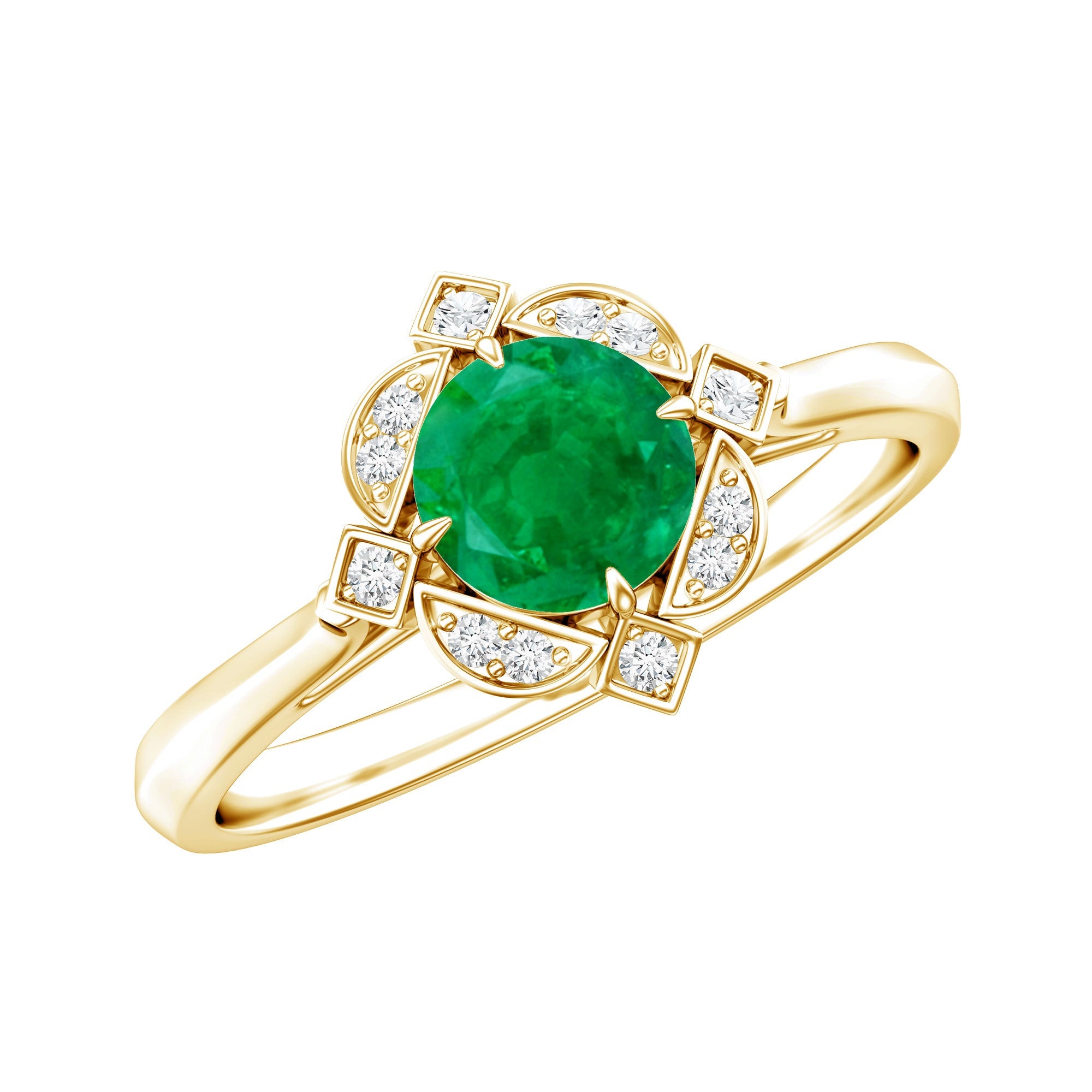 Emerald Engagement Ring – Vintage Inspired Diamond Halo Floral Motif Jewelry