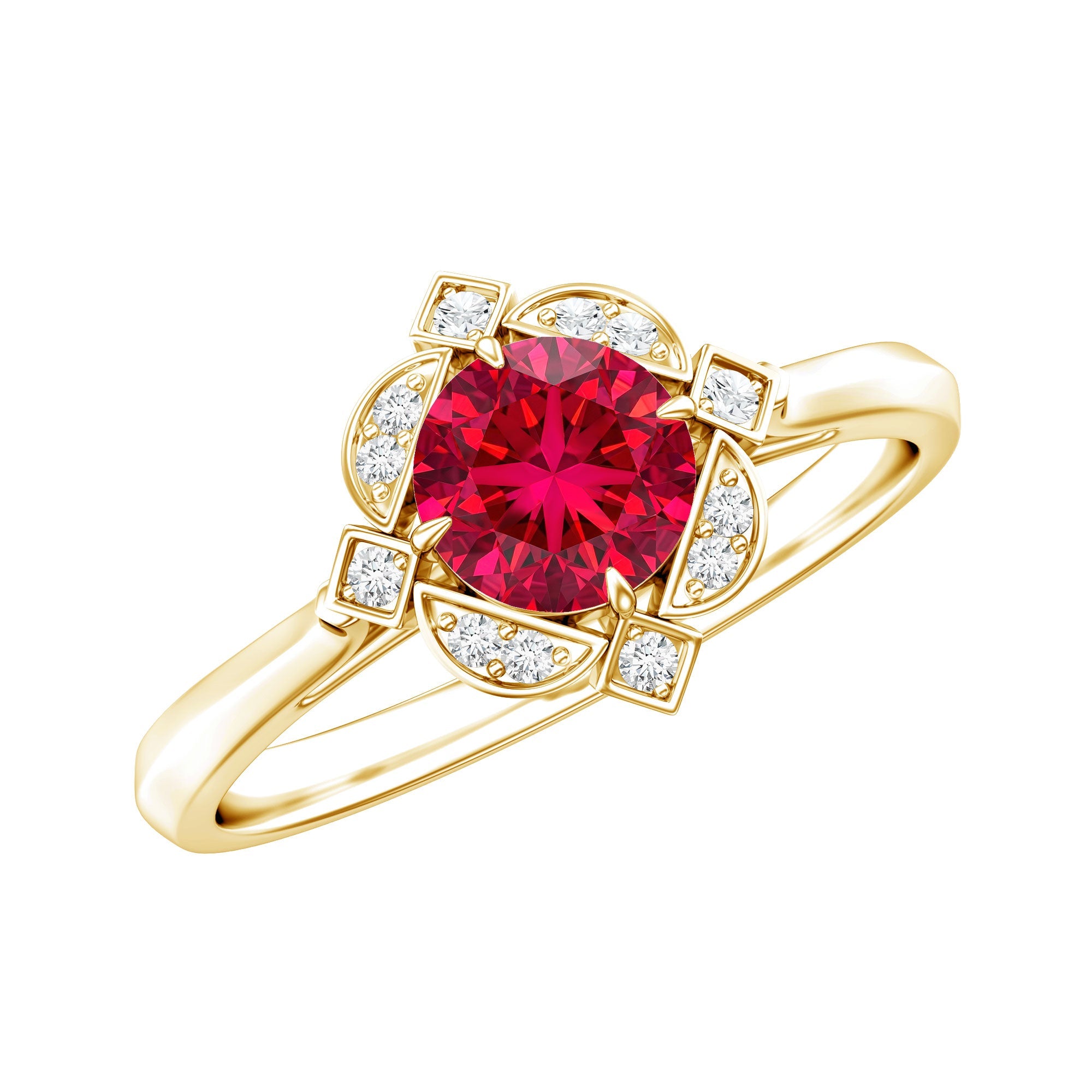 Lab Created Ruby Ring – Vintage Engagement Ring with Art Deco Halo Diamond Setting