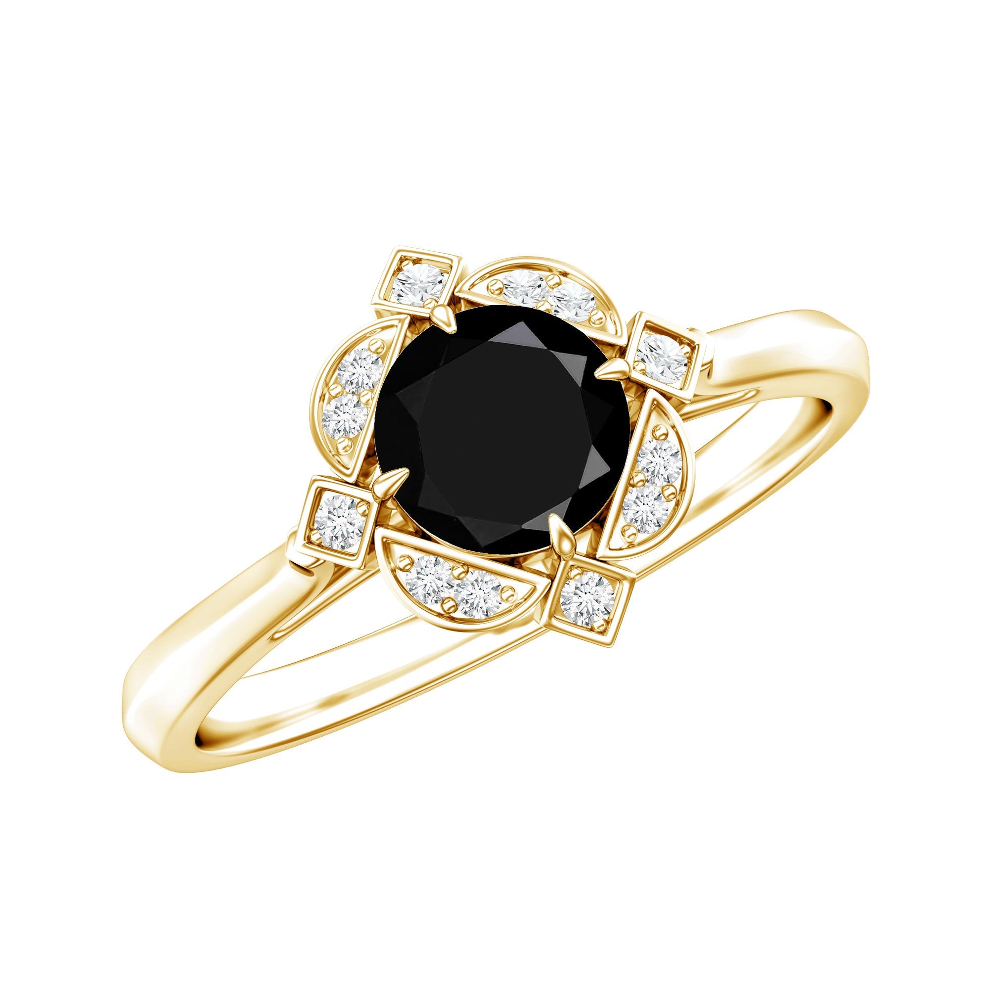 Round Cut Black Onyx and Diamond Flower Engagement Ring