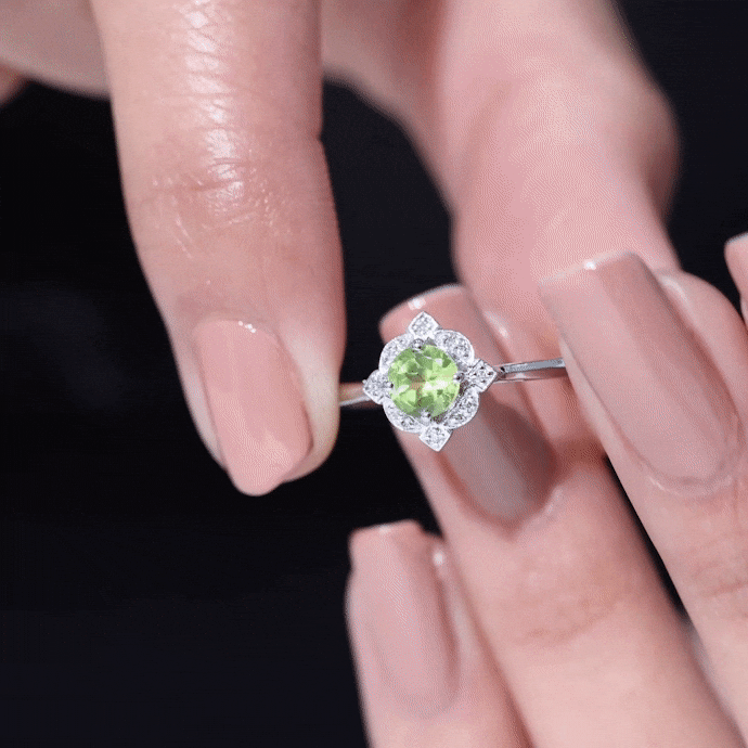 Peridot Engagement Ring - Vintage Diamond Halo Ring with AAA Quality Peridot Stone