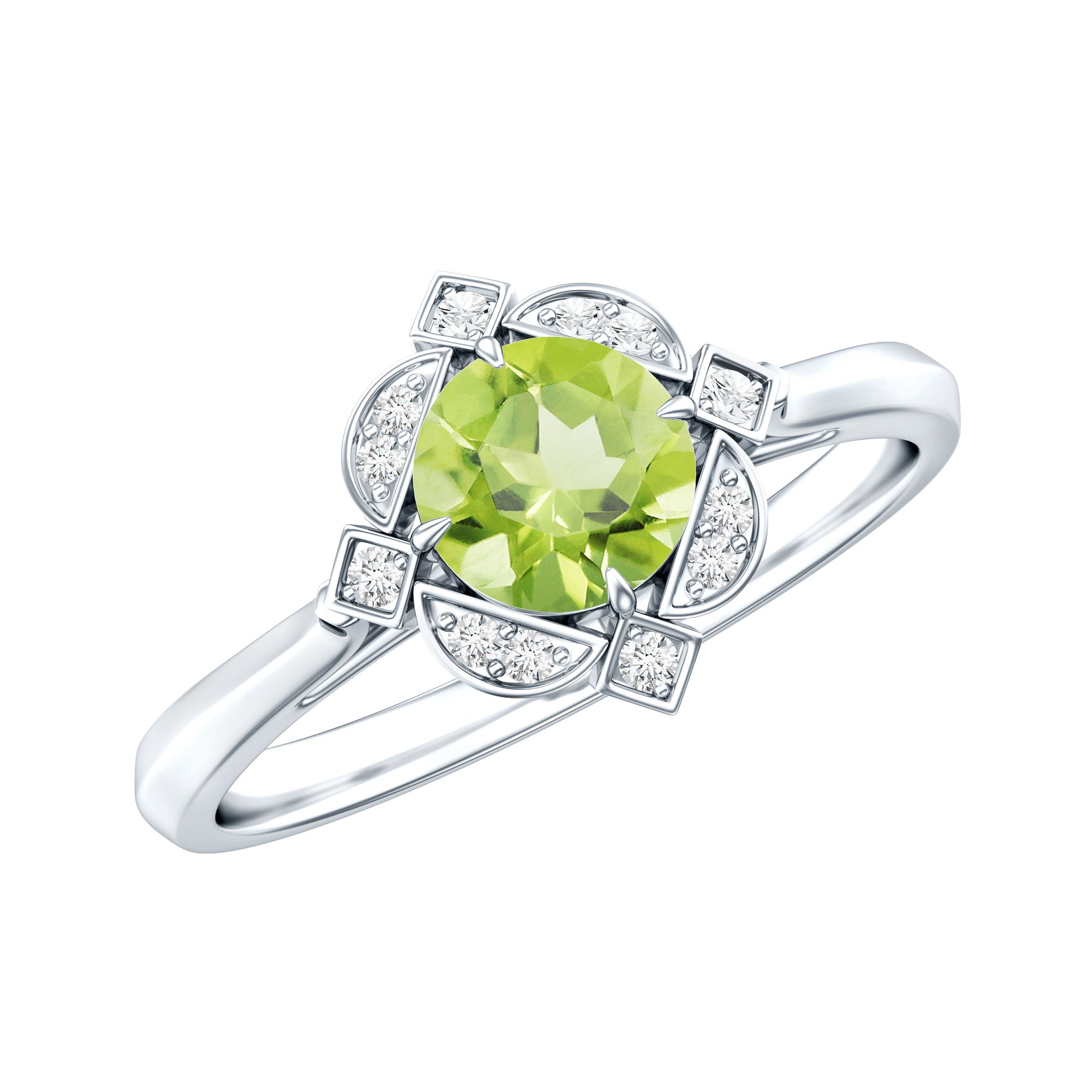 Peridot Engagement Ring - Vintage Diamond Halo Ring with AAA Quality Peridot Stone