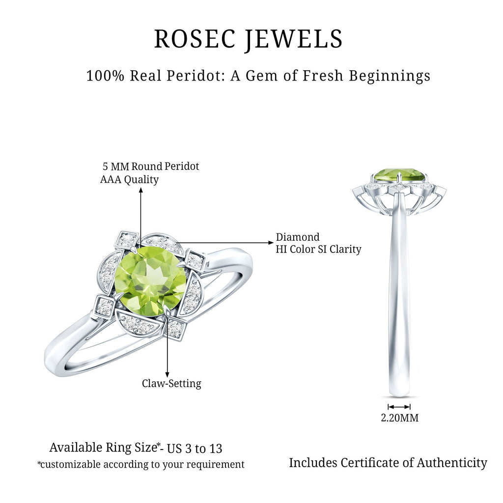 Peridot Engagement Ring - Vintage Diamond Halo Ring with AAA Quality Peridot Stone