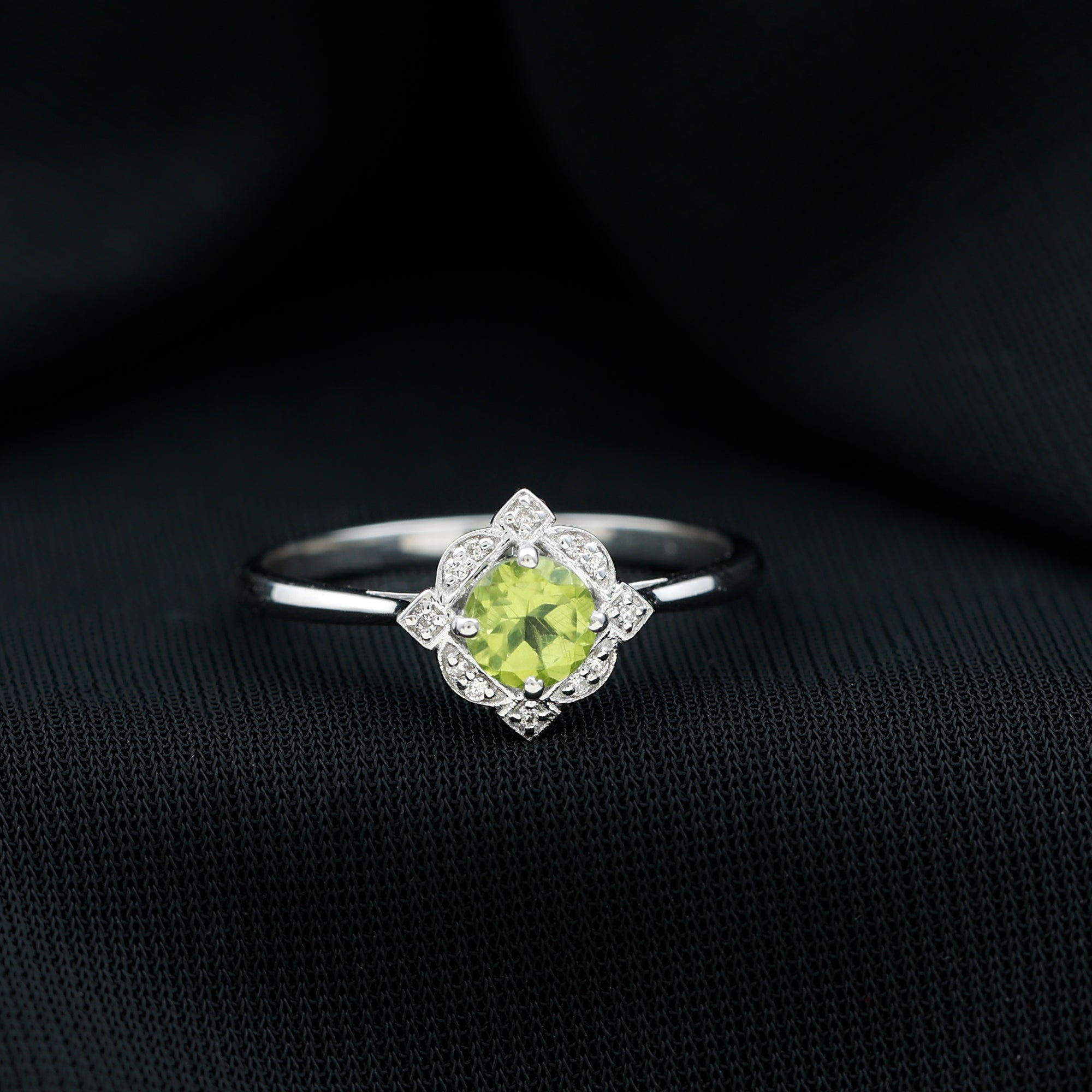 Peridot Engagement Ring - Vintage Diamond Halo Ring with AAA Quality Peridot Stone