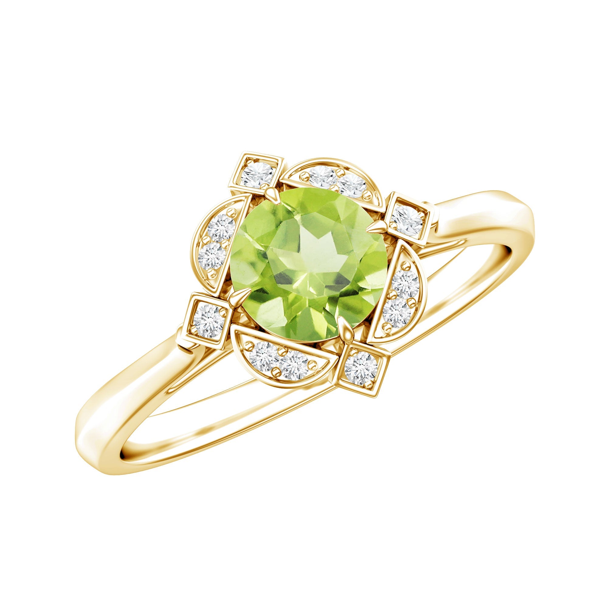 Peridot Engagement Ring - Vintage Diamond Halo Ring with AAA Quality Peridot Stone