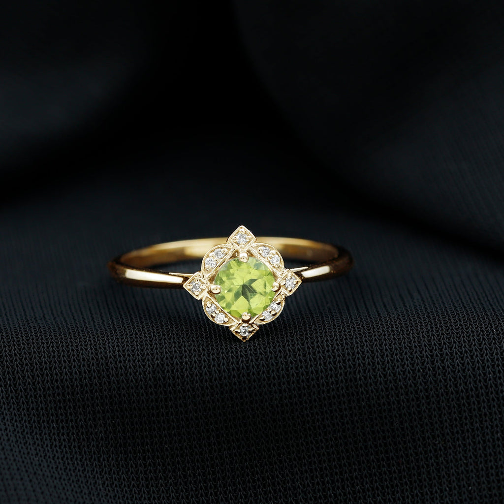 Peridot Engagement Ring - Vintage Diamond Halo Ring with AAA Quality Peridot Stone