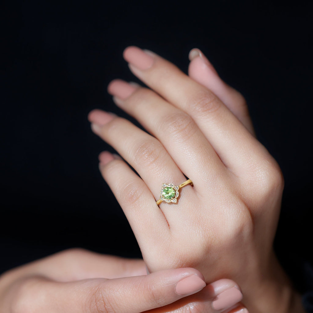 Peridot Engagement Ring - Vintage Diamond Halo Ring with AAA Quality Peridot Stone