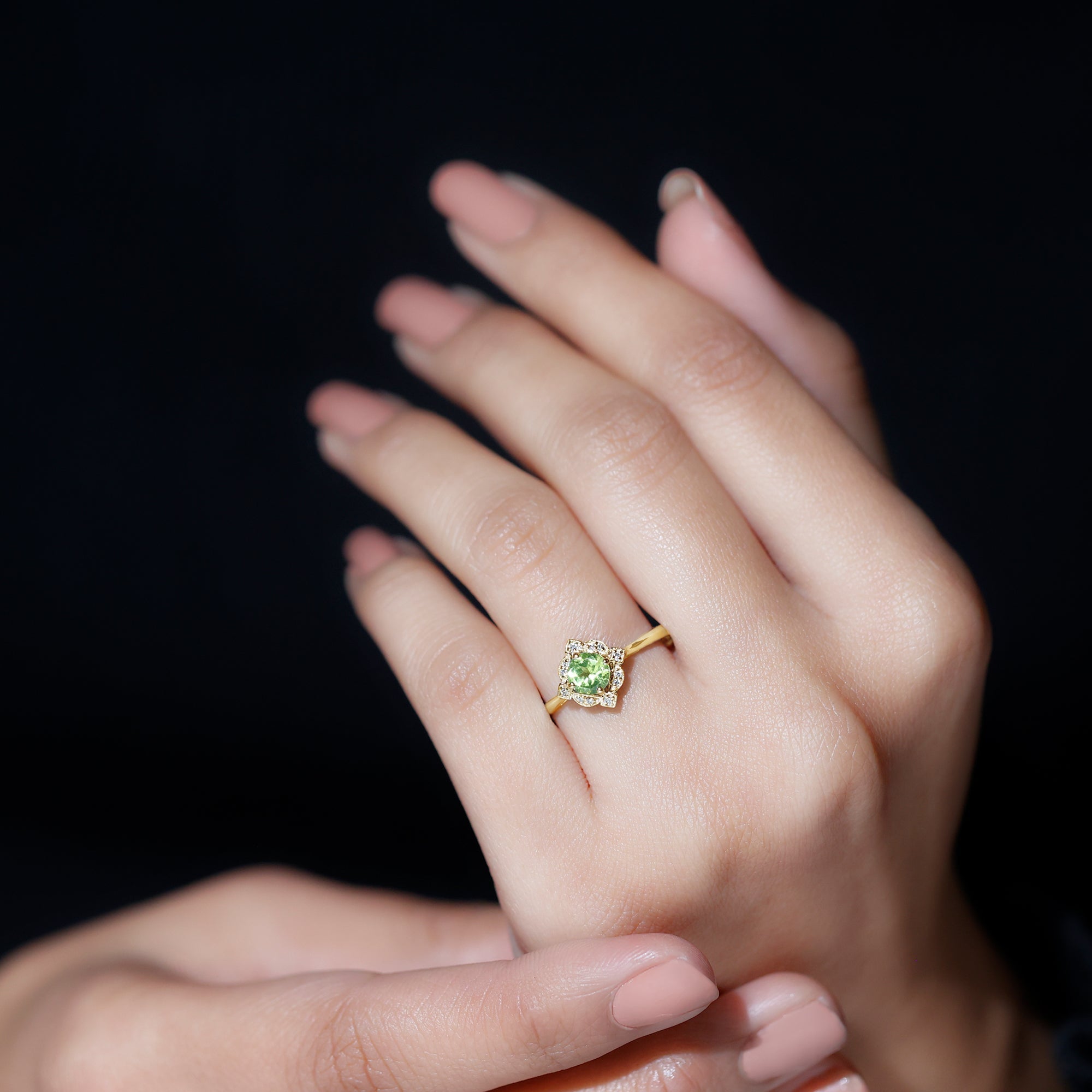 Peridot Engagement Ring - Vintage Diamond Halo Ring with AAA Quality Peridot Stone