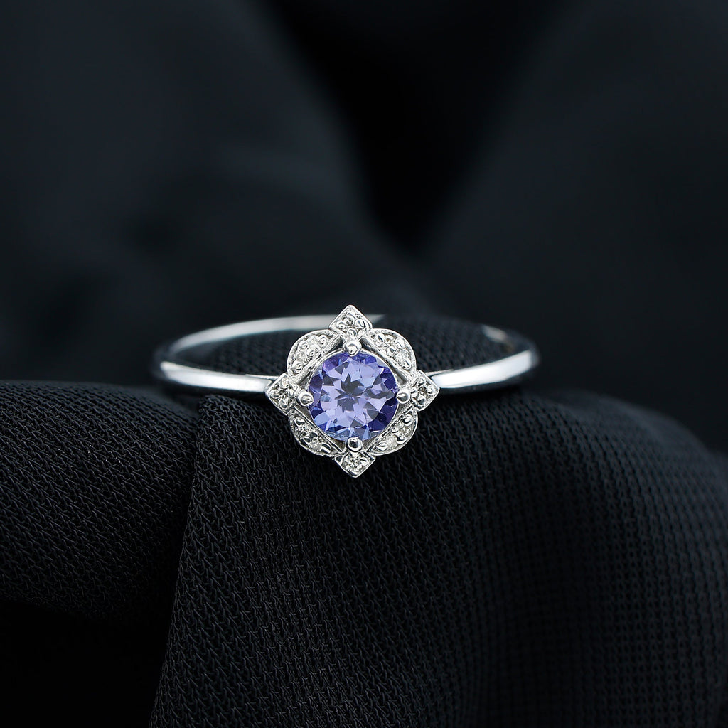 Tanzanite Engagement Ring – Floral Halo Ring with Diamond | AAA Quality Gemstone