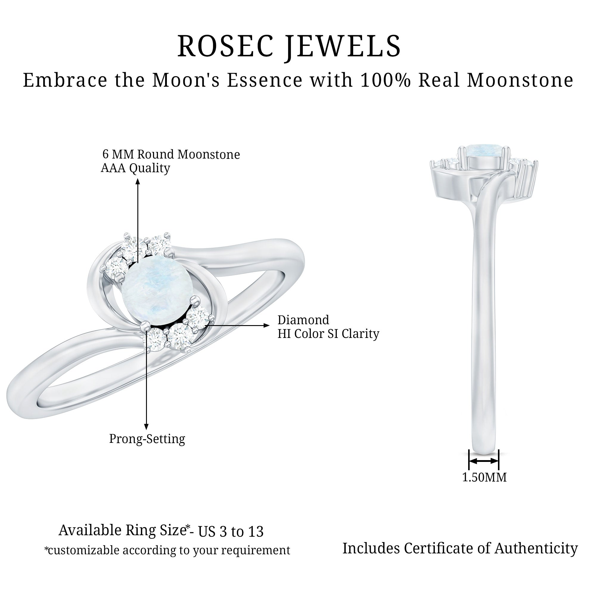 Genuine Moonstone and Diamond Bypass Promise Ring