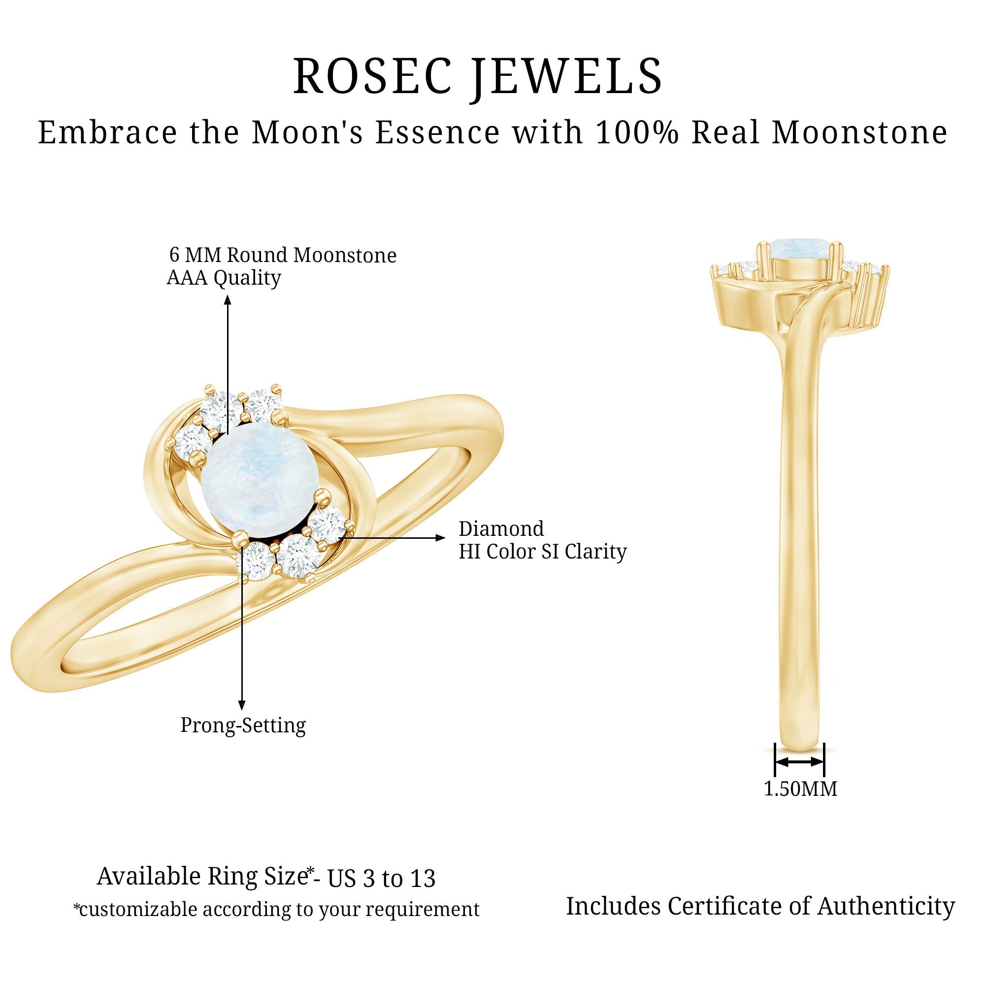 Genuine Moonstone and Diamond Bypass Promise Ring