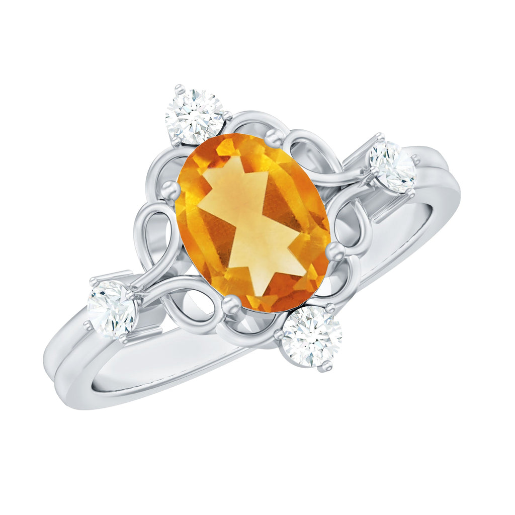 Vintage Style 1 Carat Citrine Oval Engagement Ring with Diamond