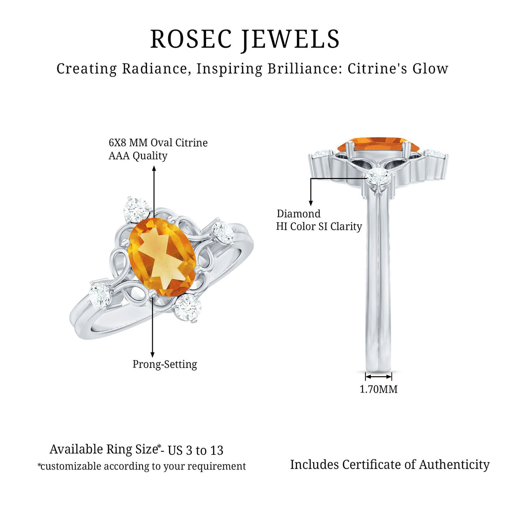 Vintage Style 1 Carat Citrine Oval Engagement Ring with Diamond