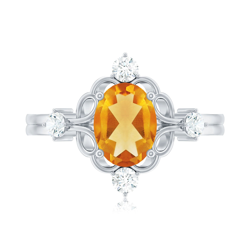 Vintage Style 1 Carat Citrine Oval Engagement Ring with Diamond