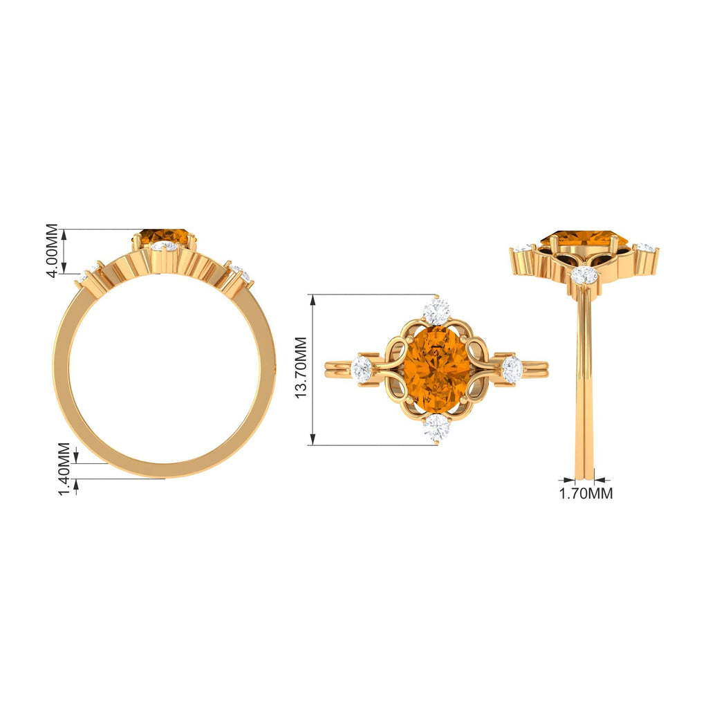 Vintage Style 1 Carat Citrine Oval Engagement Ring with Diamond
