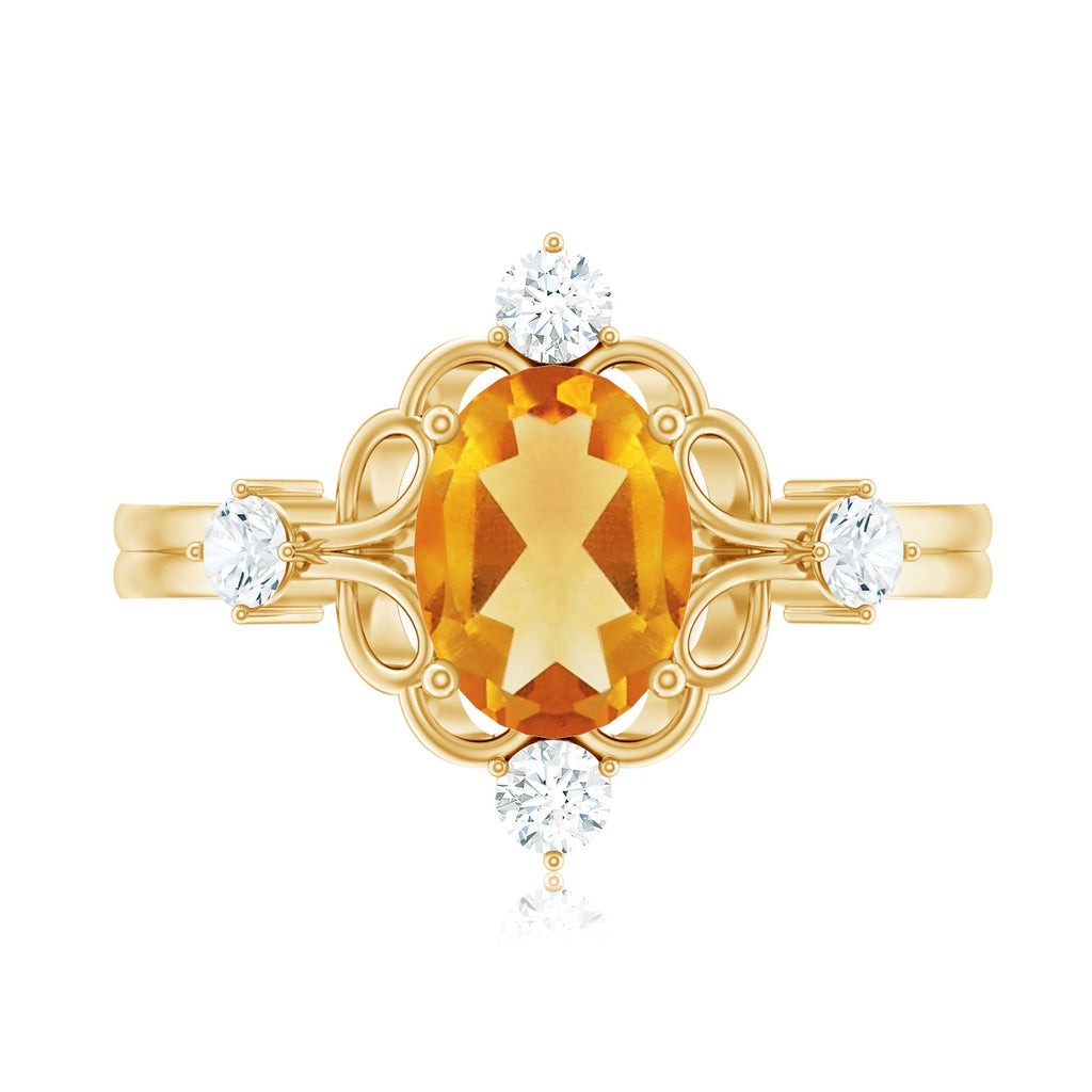 Vintage Style 1 Carat Citrine Oval Engagement Ring with Diamond